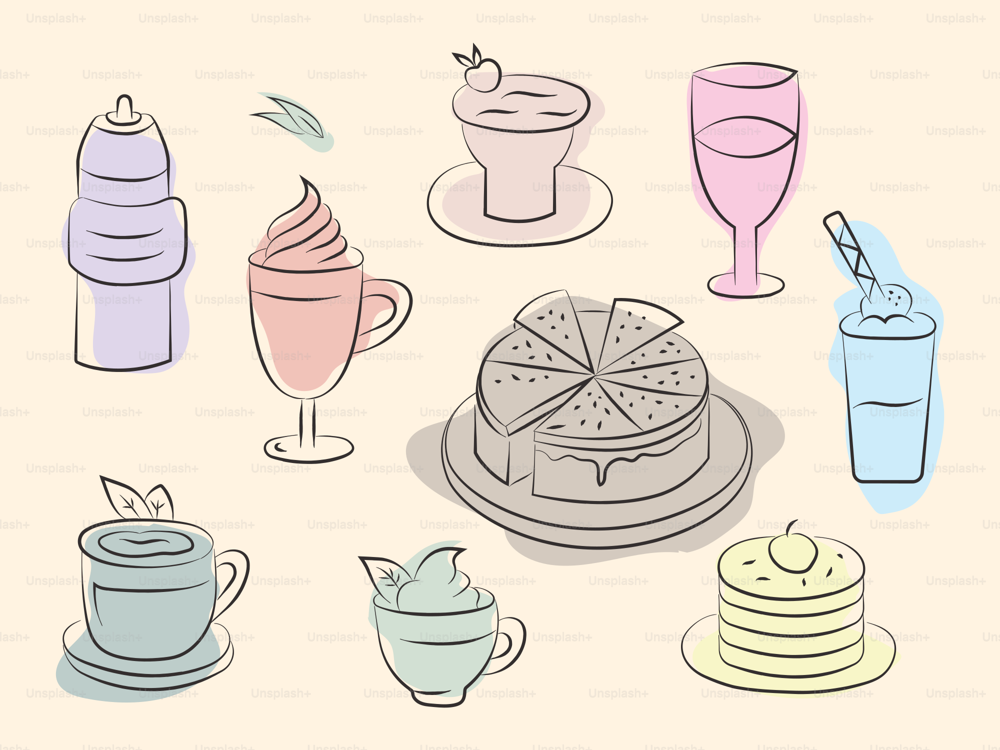 Delicious desserts and drinks fill the image.