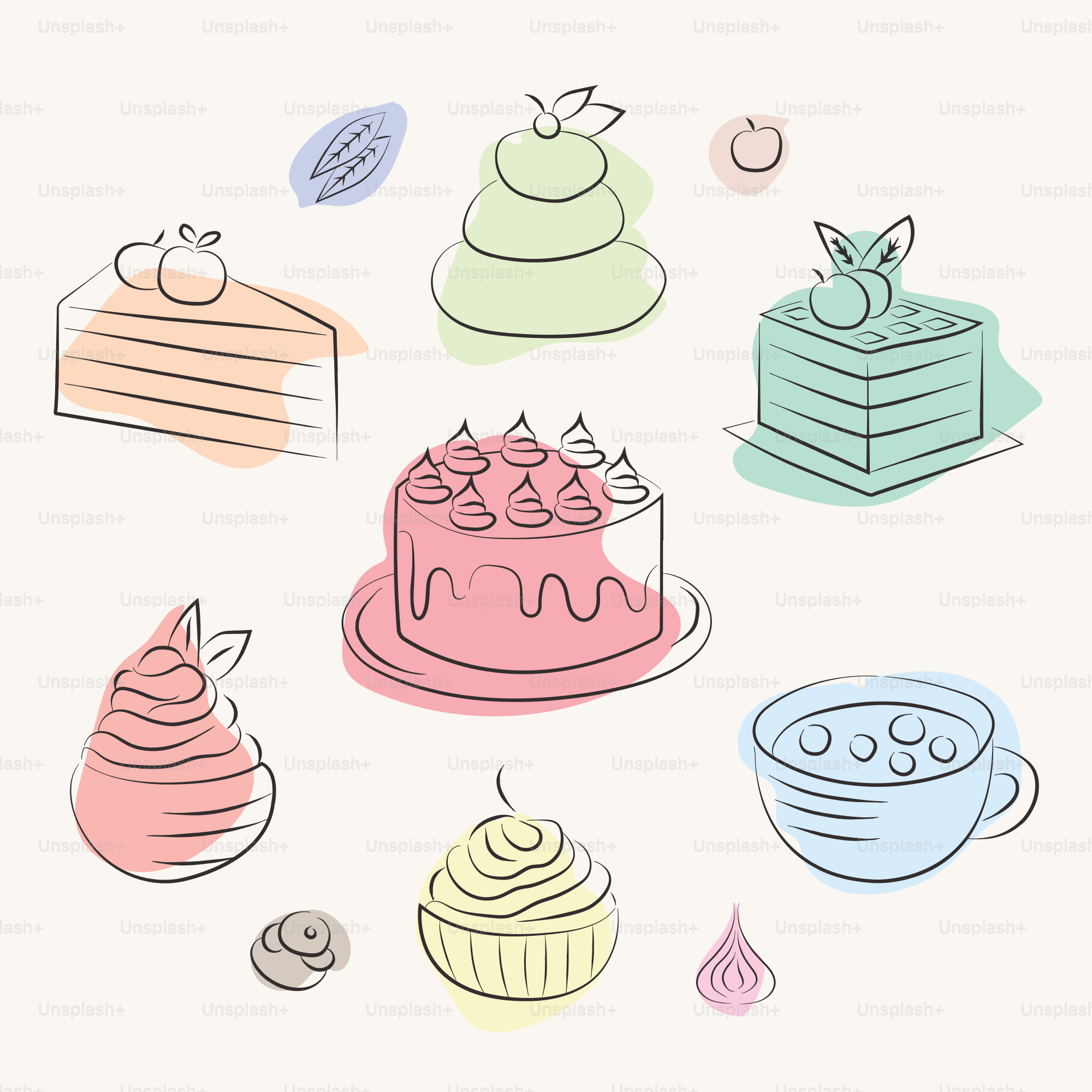 Desserts are arranged with light pastel colors.