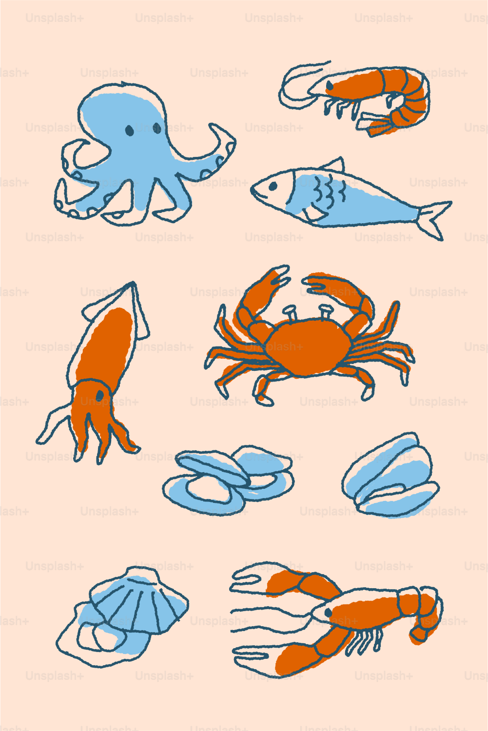 Seafood collection: octopus, crab, shrimp, and more.