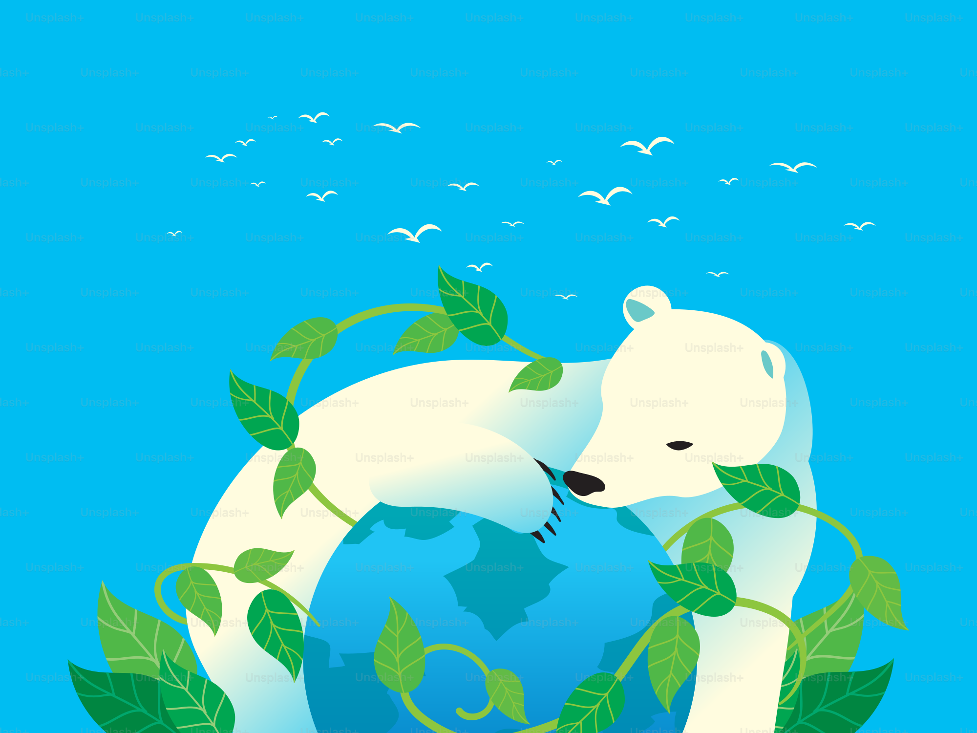 A polar bear cuddles the earth to show care.