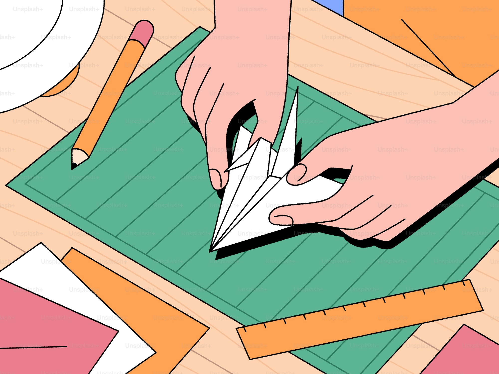 Des mains plient un avion en papier.