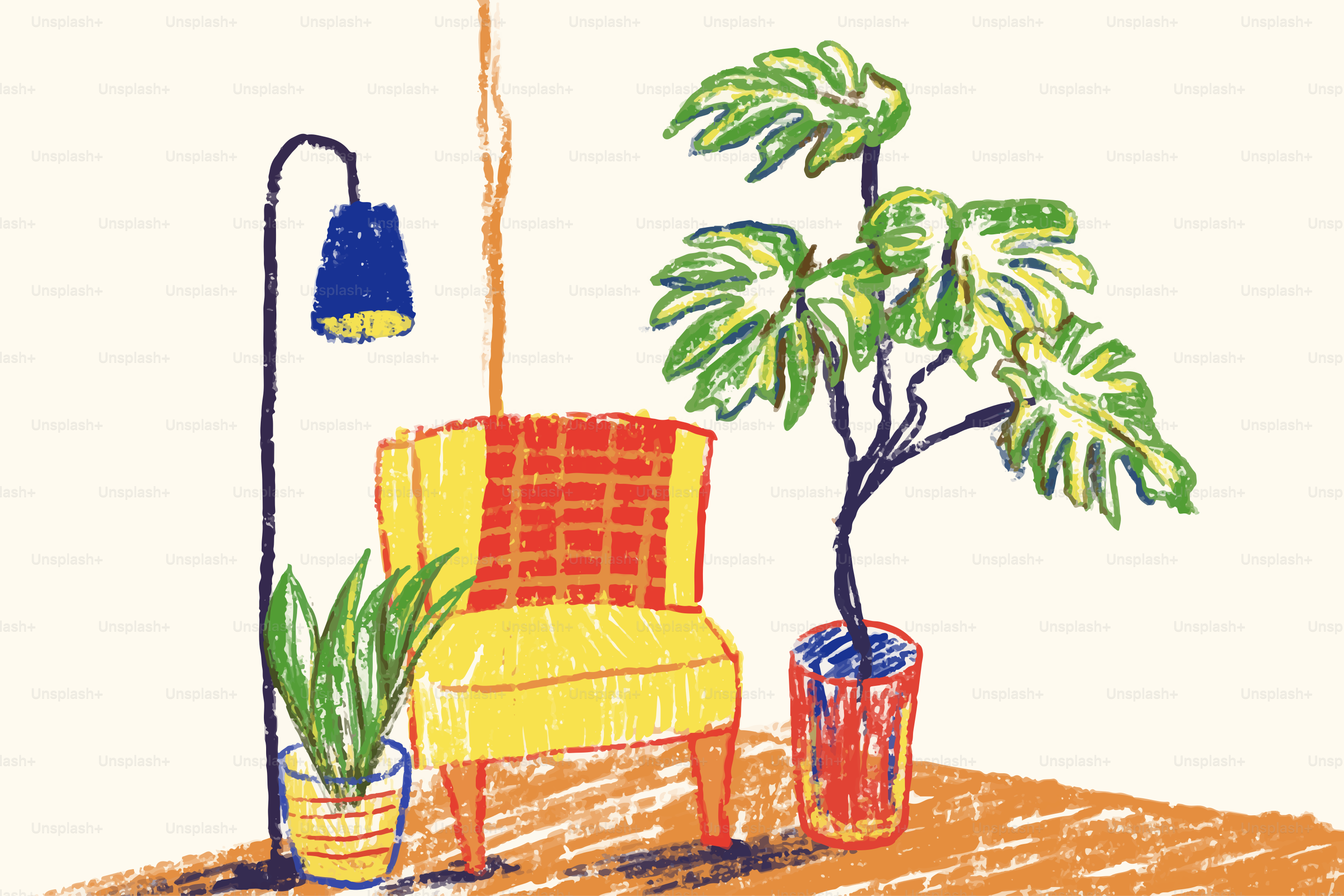 A comfy chair is near some houseplants.