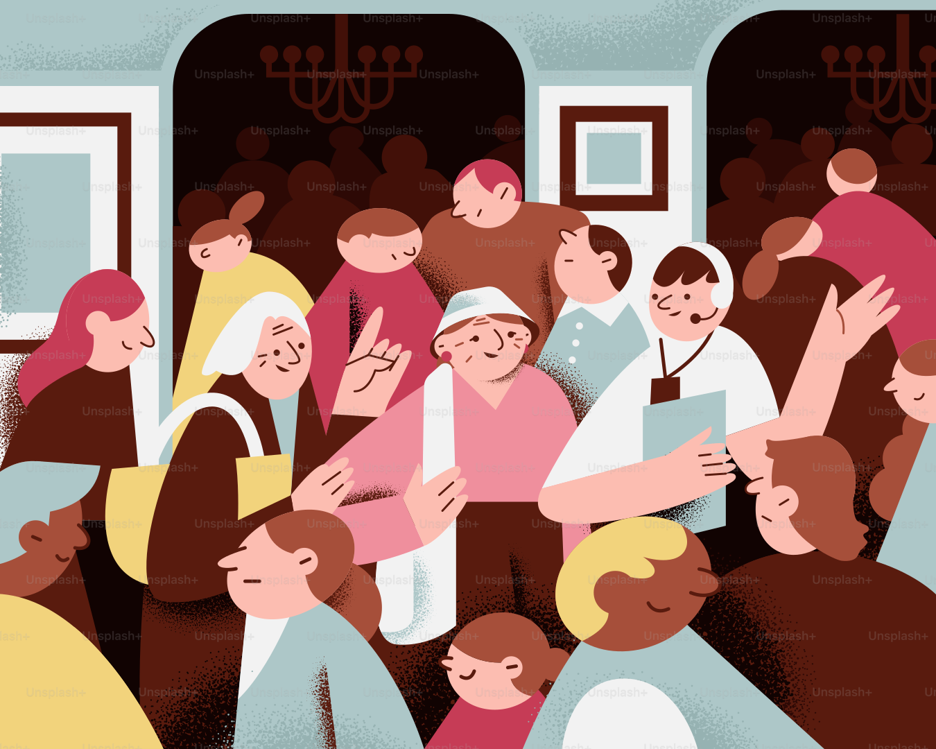 A crowd of people in an interior space.