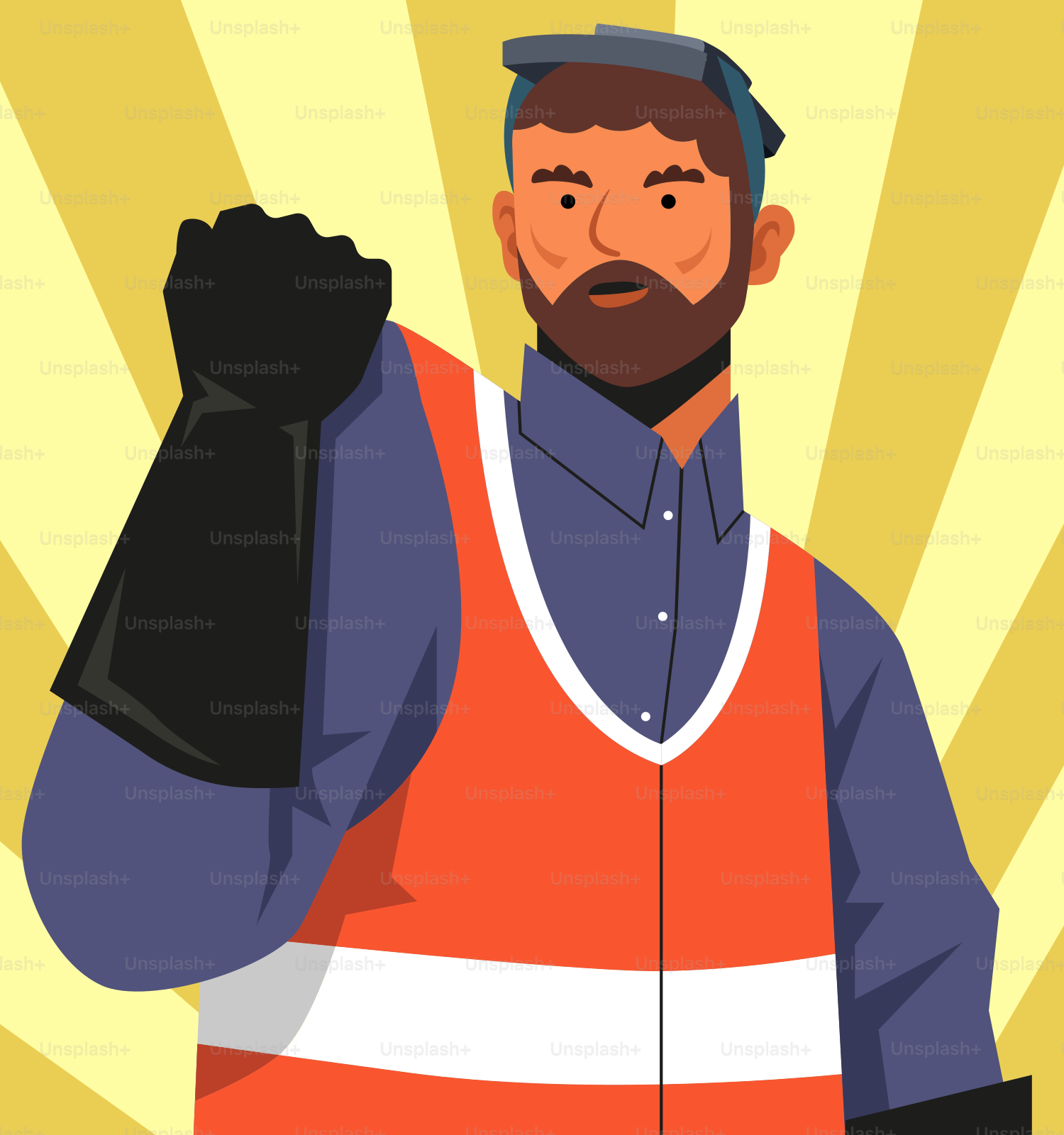 A worker raises his fist.