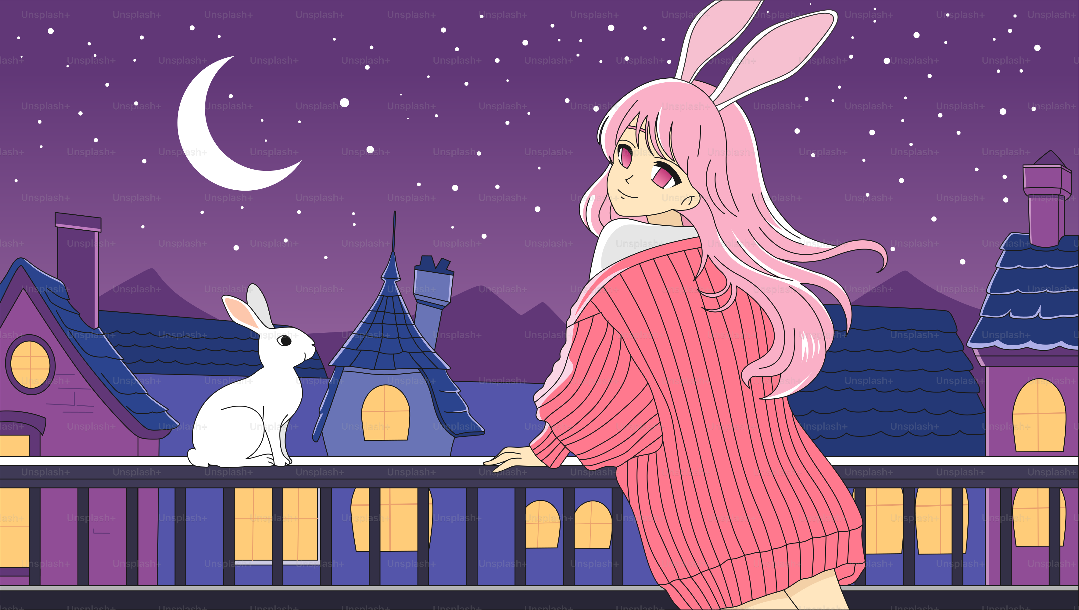 Ein Mädchen und ein Hase genießen eine sternenklare Nacht.