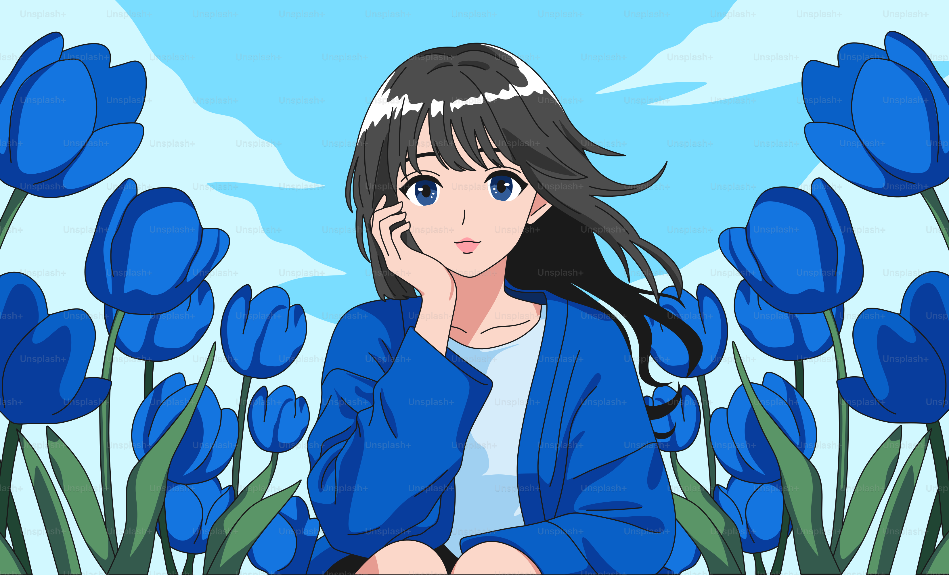 애니메이션 소녀가 파란 튤립 사이에서 포즈를 취하고 있습니다. 벡터 – Unsplash의 배경 이미지, image size:3000x1818