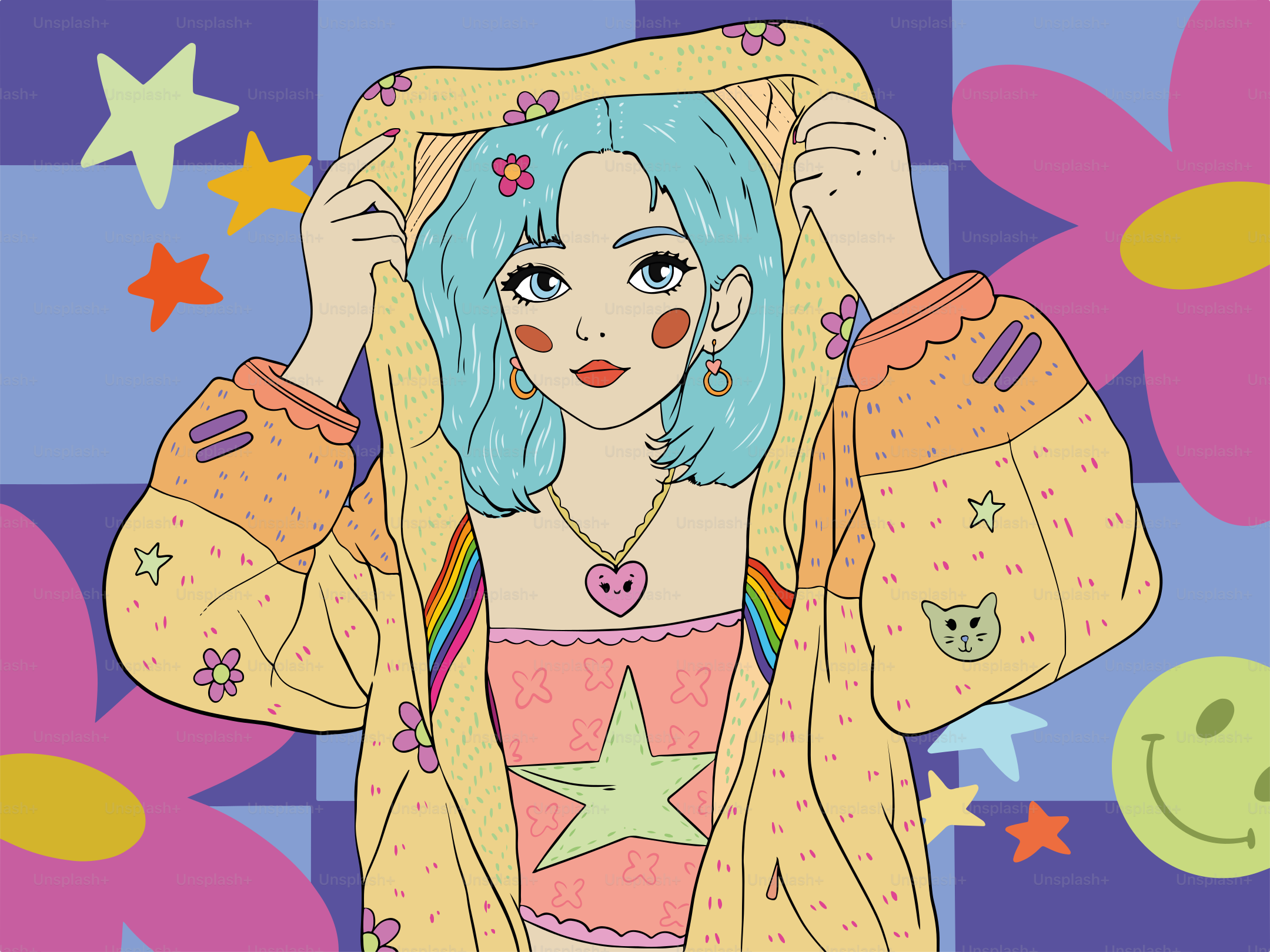 A colorful illustration of a young woman in a jacket.