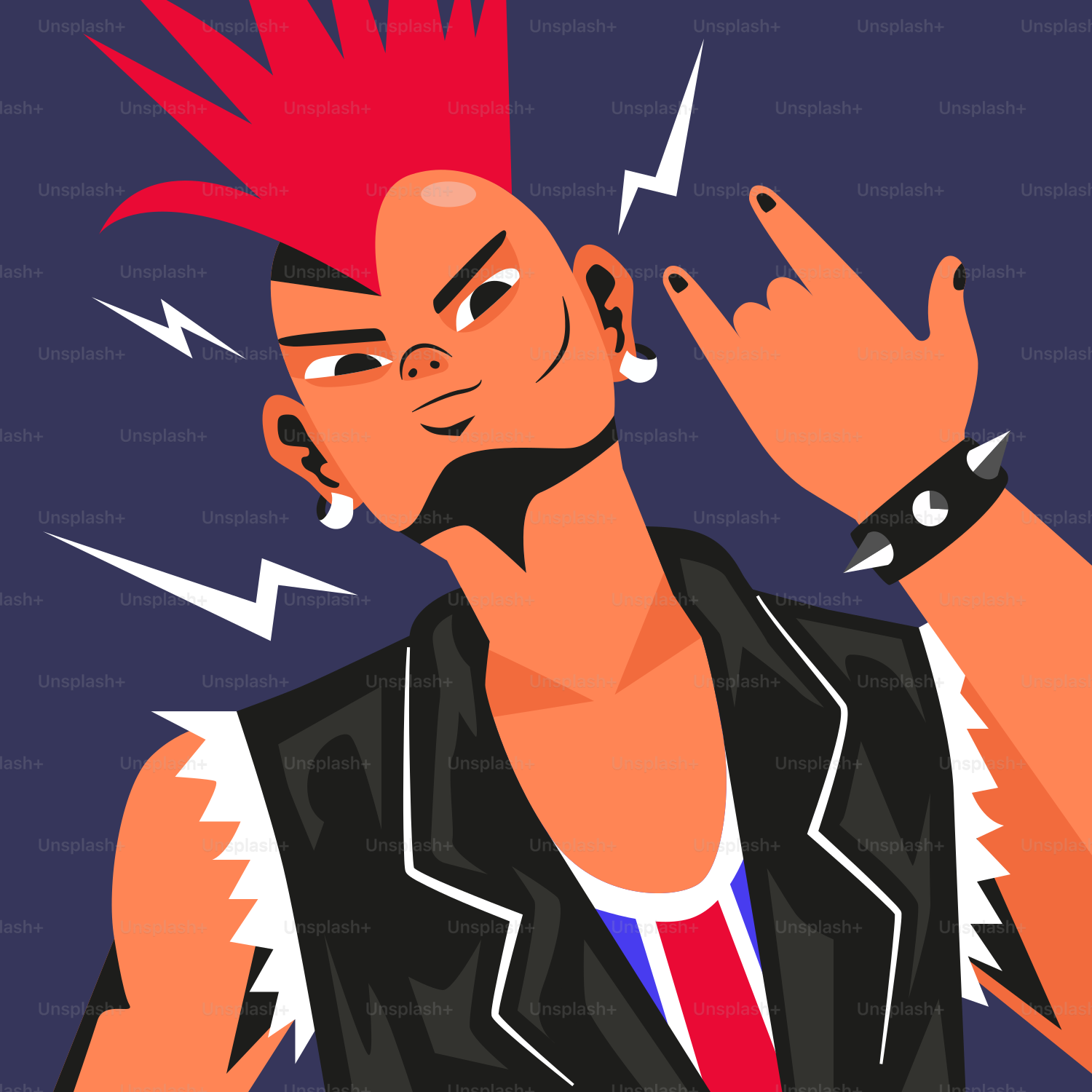 Seorang punk rocker memamerkan tanda rock and roll.