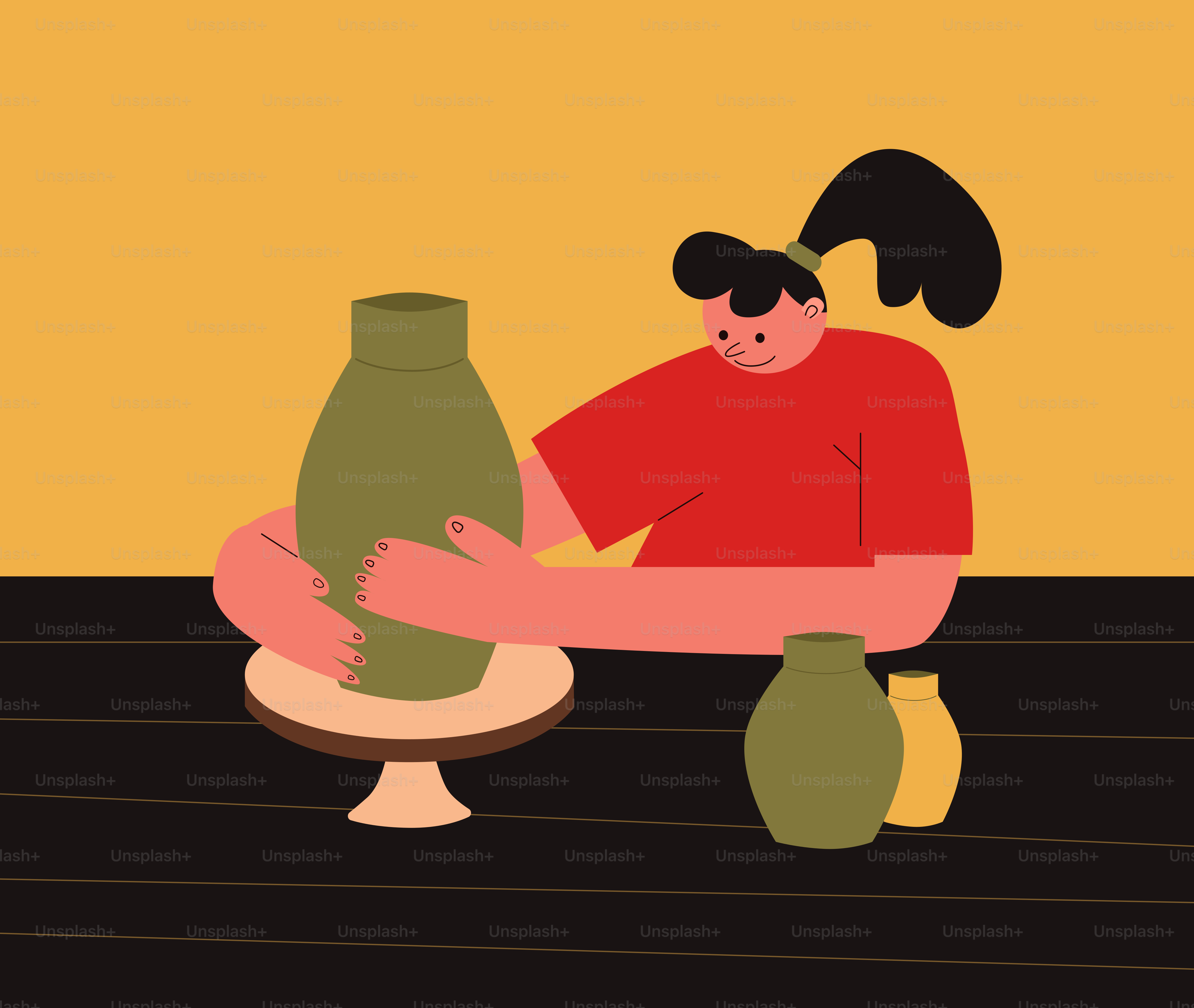 A woman molds a green vase on a pottery wheel.