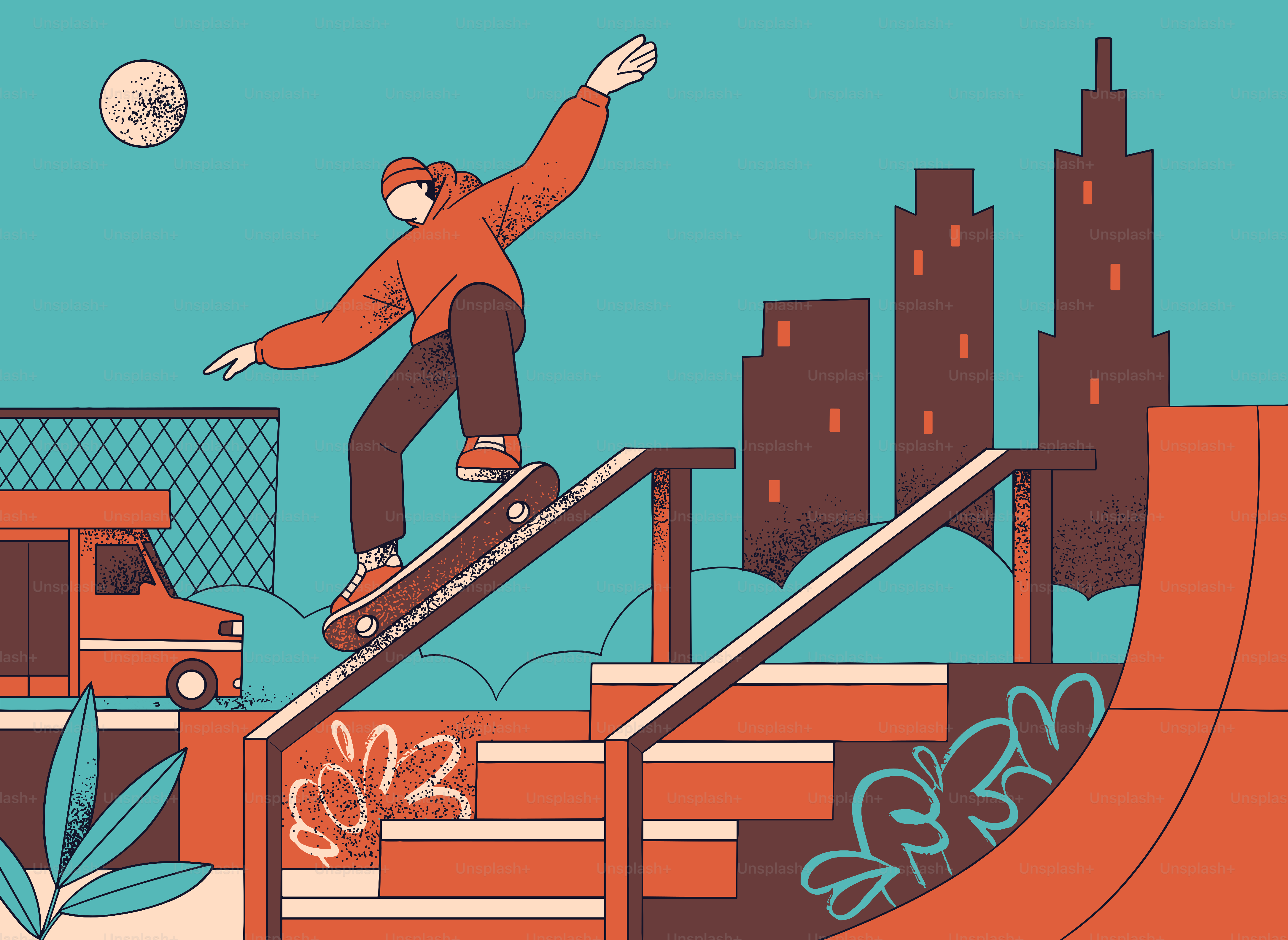 Skateboarder is performing a trick in the city.