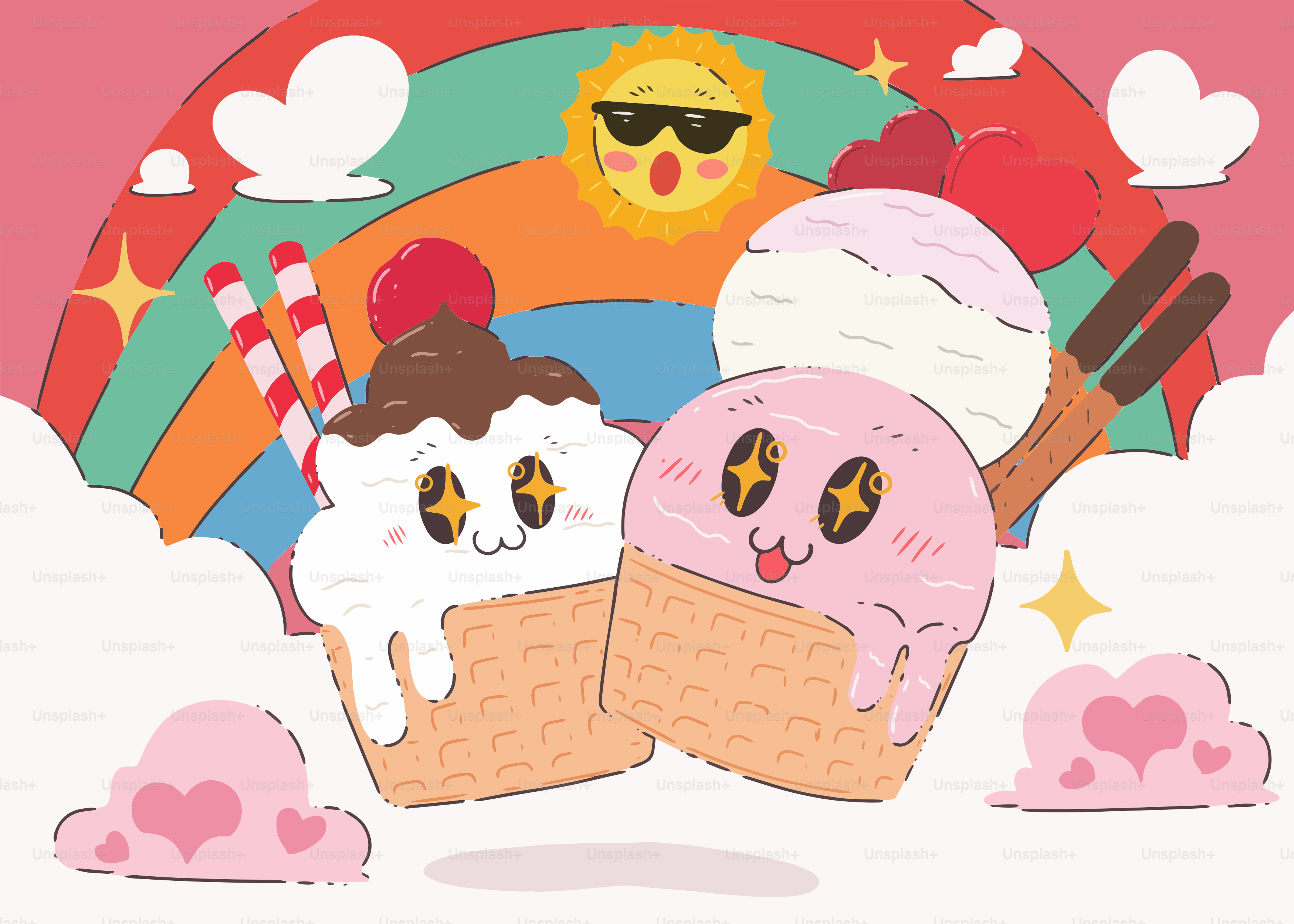 Cones de sorvete, sol e arco-íris em um desenho animado fofo
