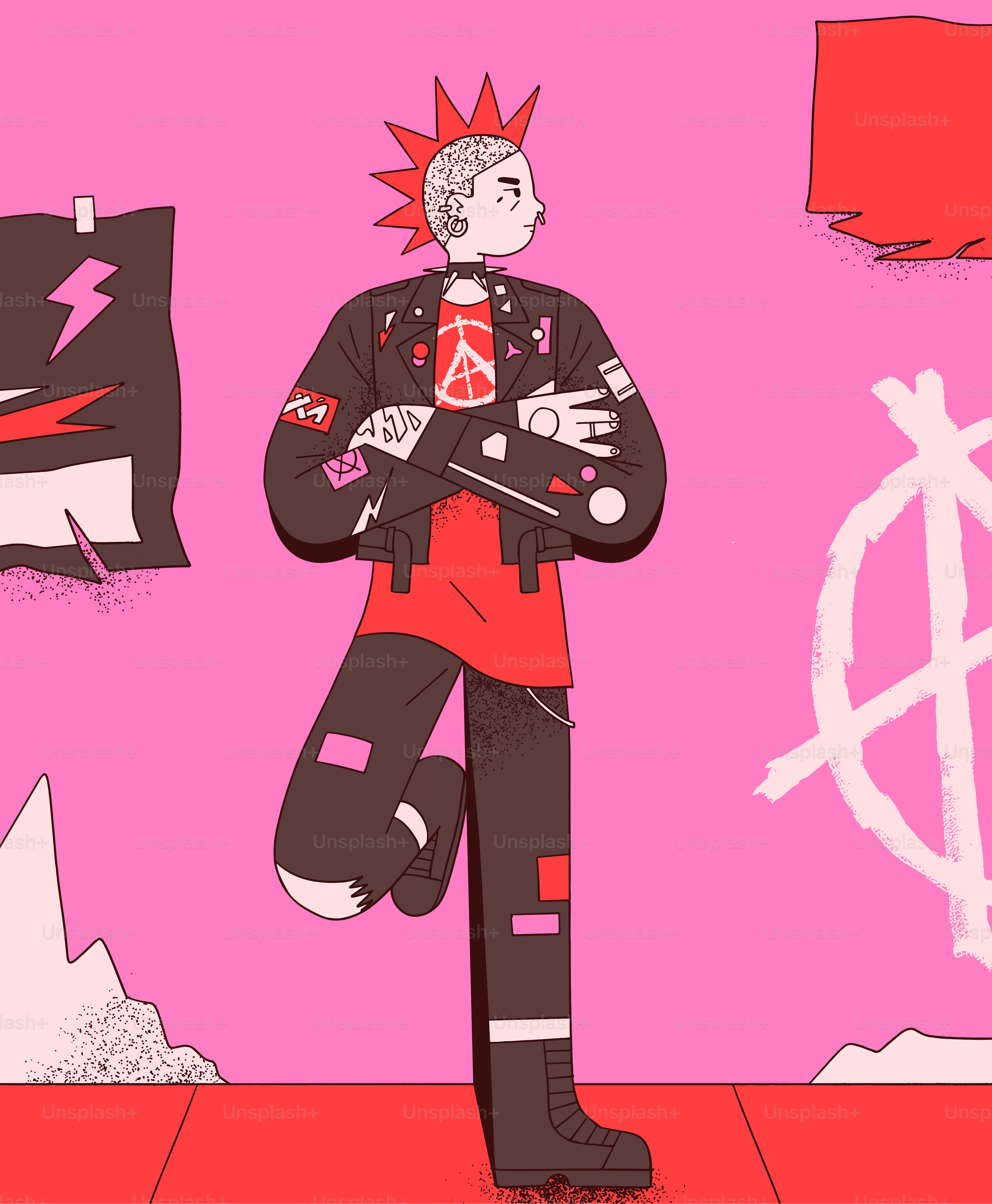 Un punk rocker se alza orgulloso sobre un fondo rosa.
