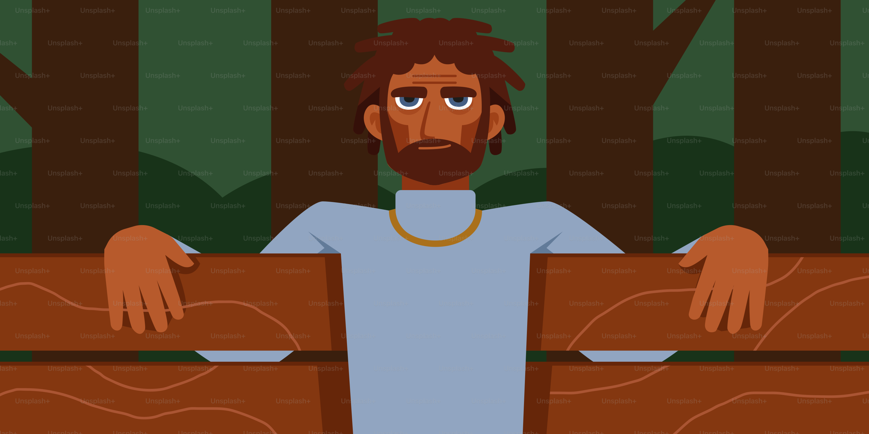 A man stands inside wooden stocks.