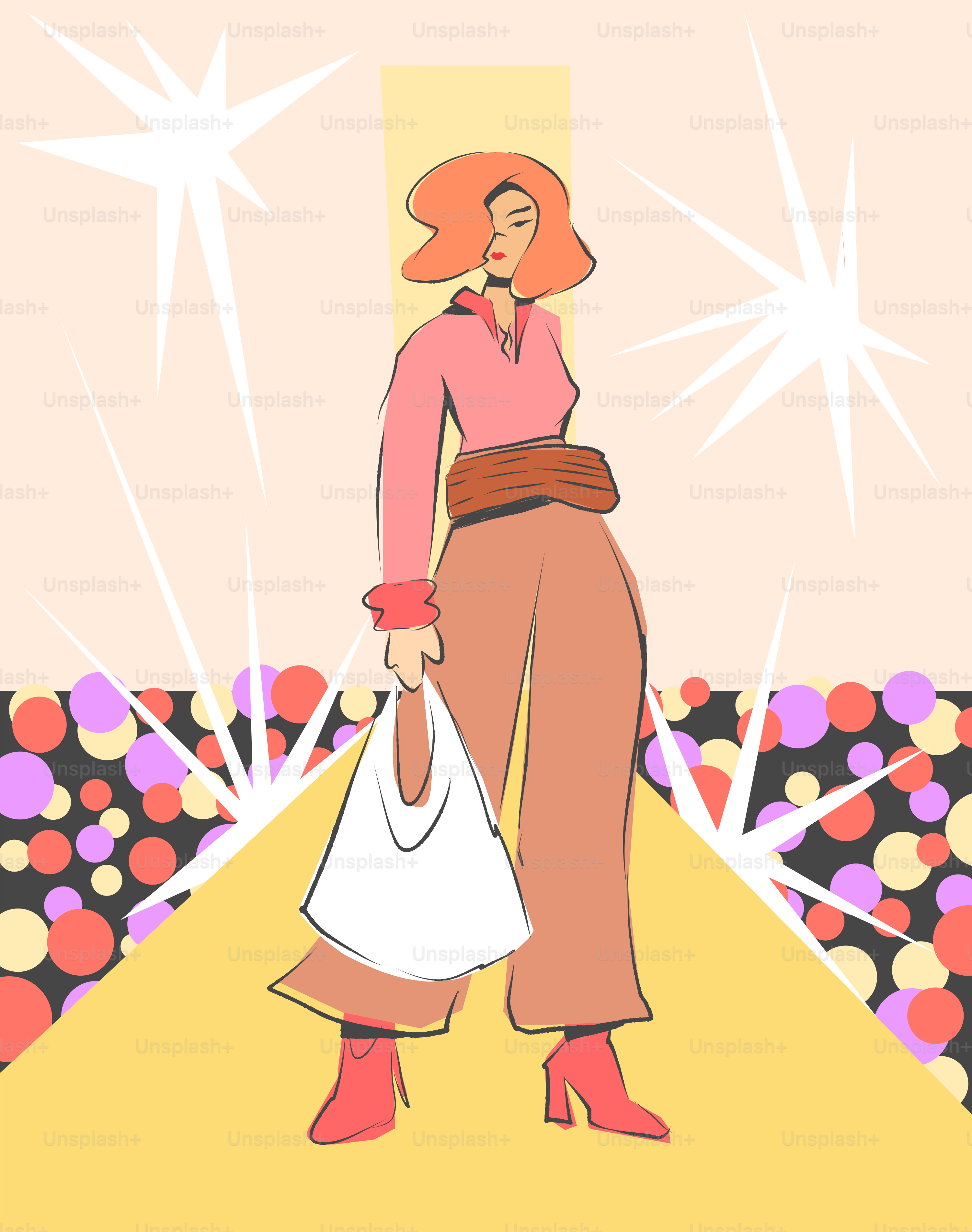 Fashionable woman walks the runway with a bag.