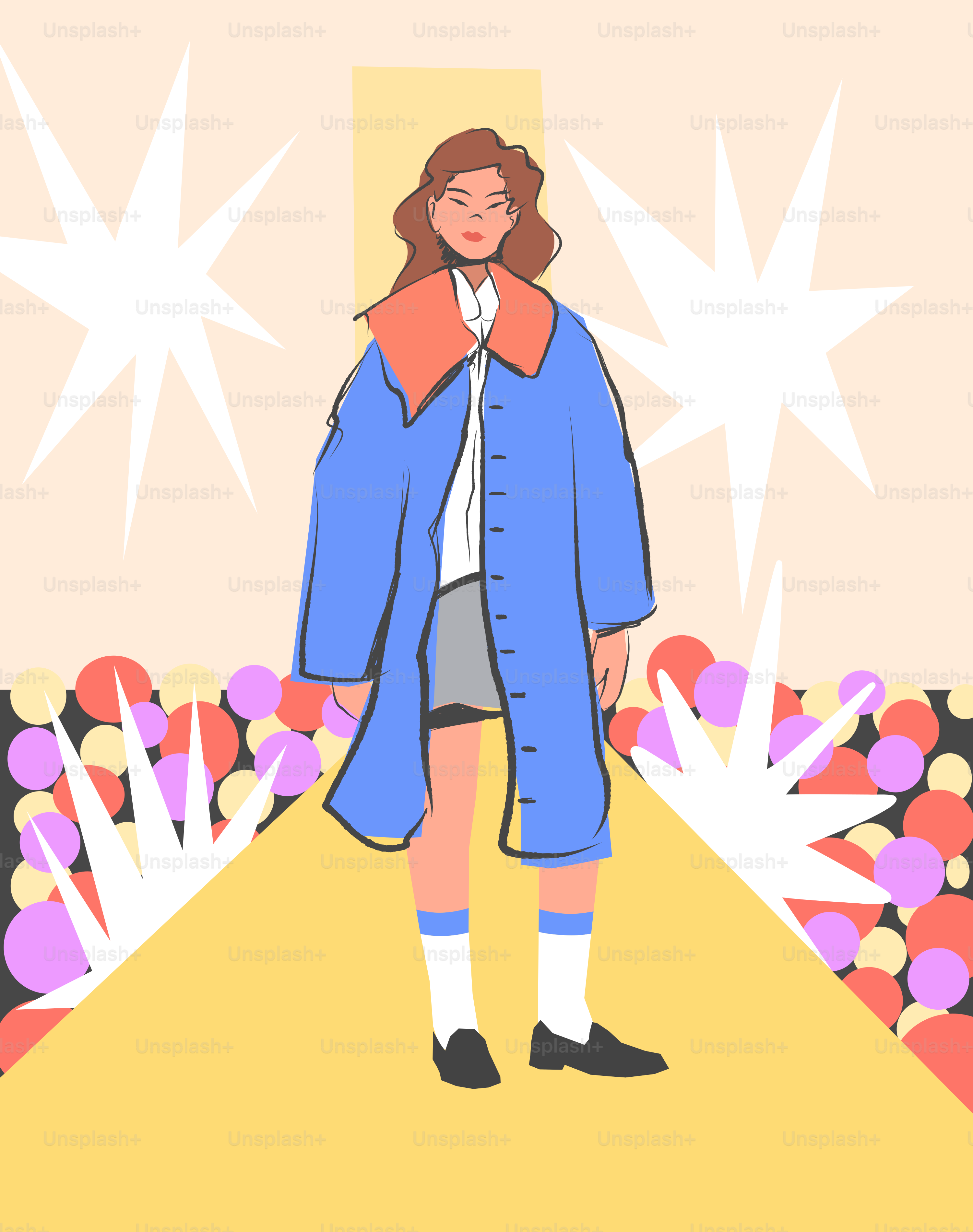 Fashion model walks a runway with bright colors.