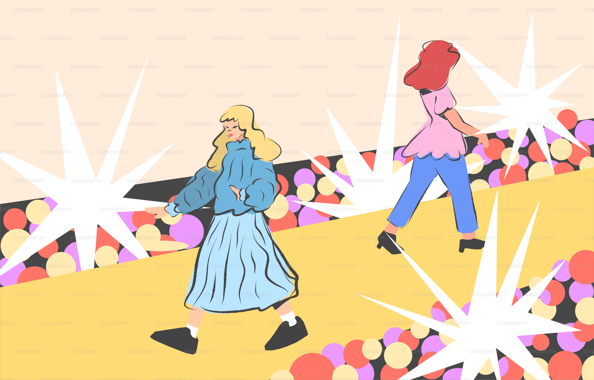 Two women dance on a sparkling stage.