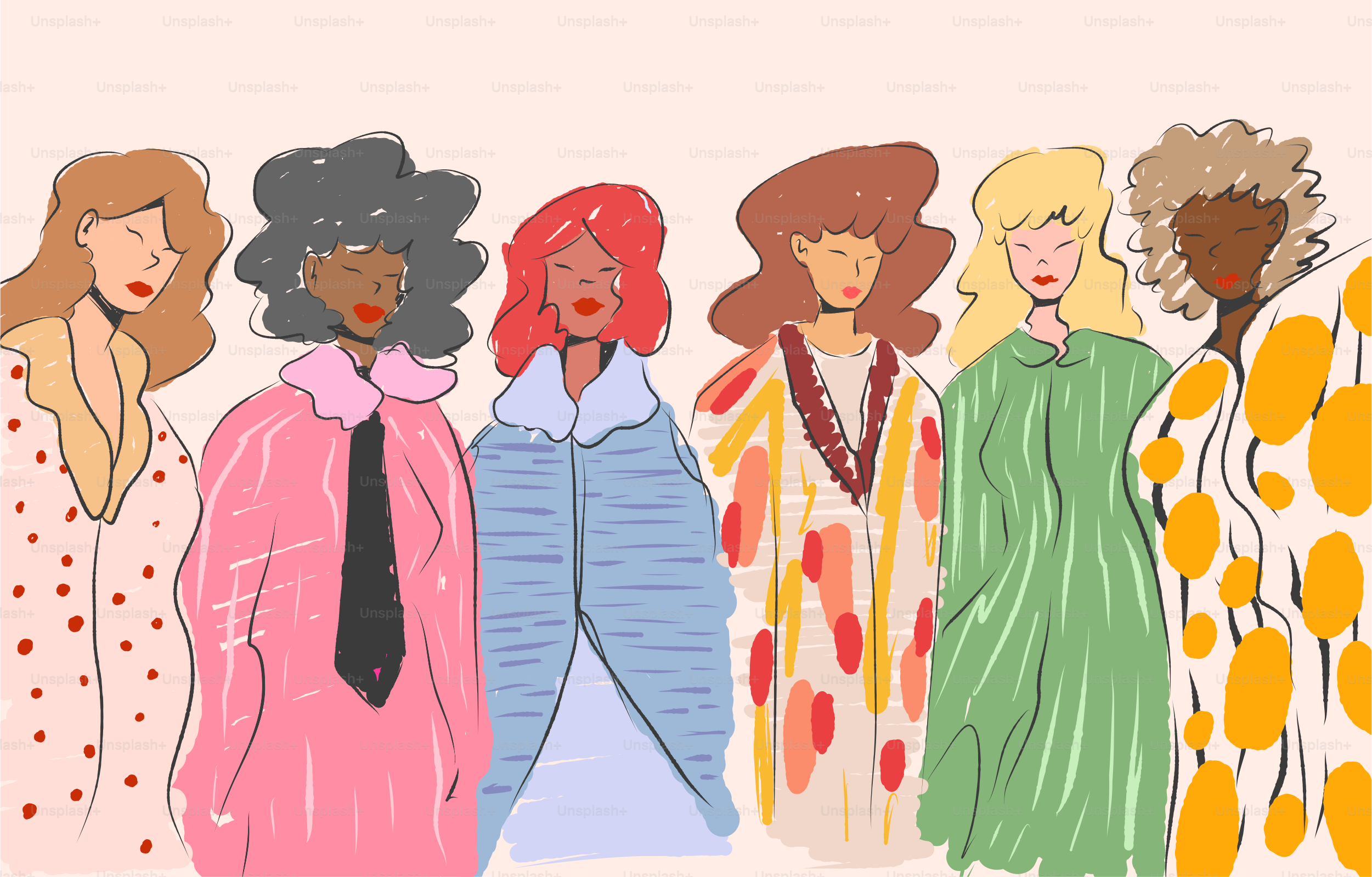 Donne alla moda stanno in fila con cappotti colorati.