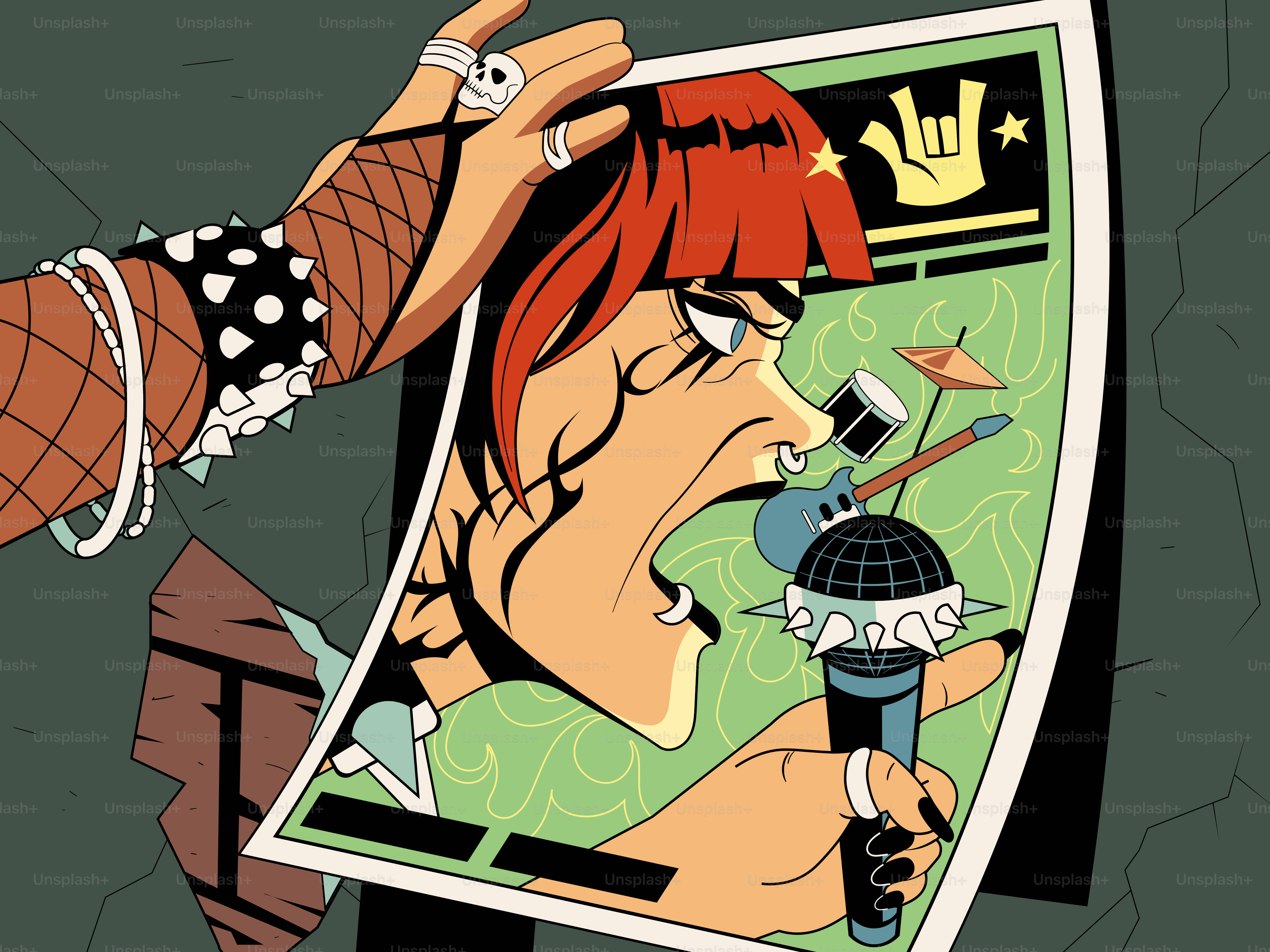 Alguien sostiene un póster de un músico punk rock.
