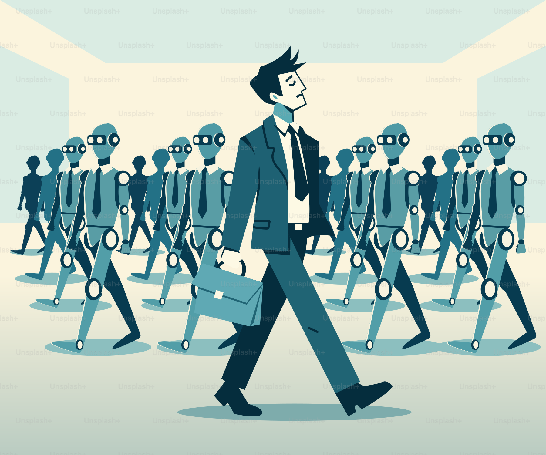 A businessman walks with a group of robots.