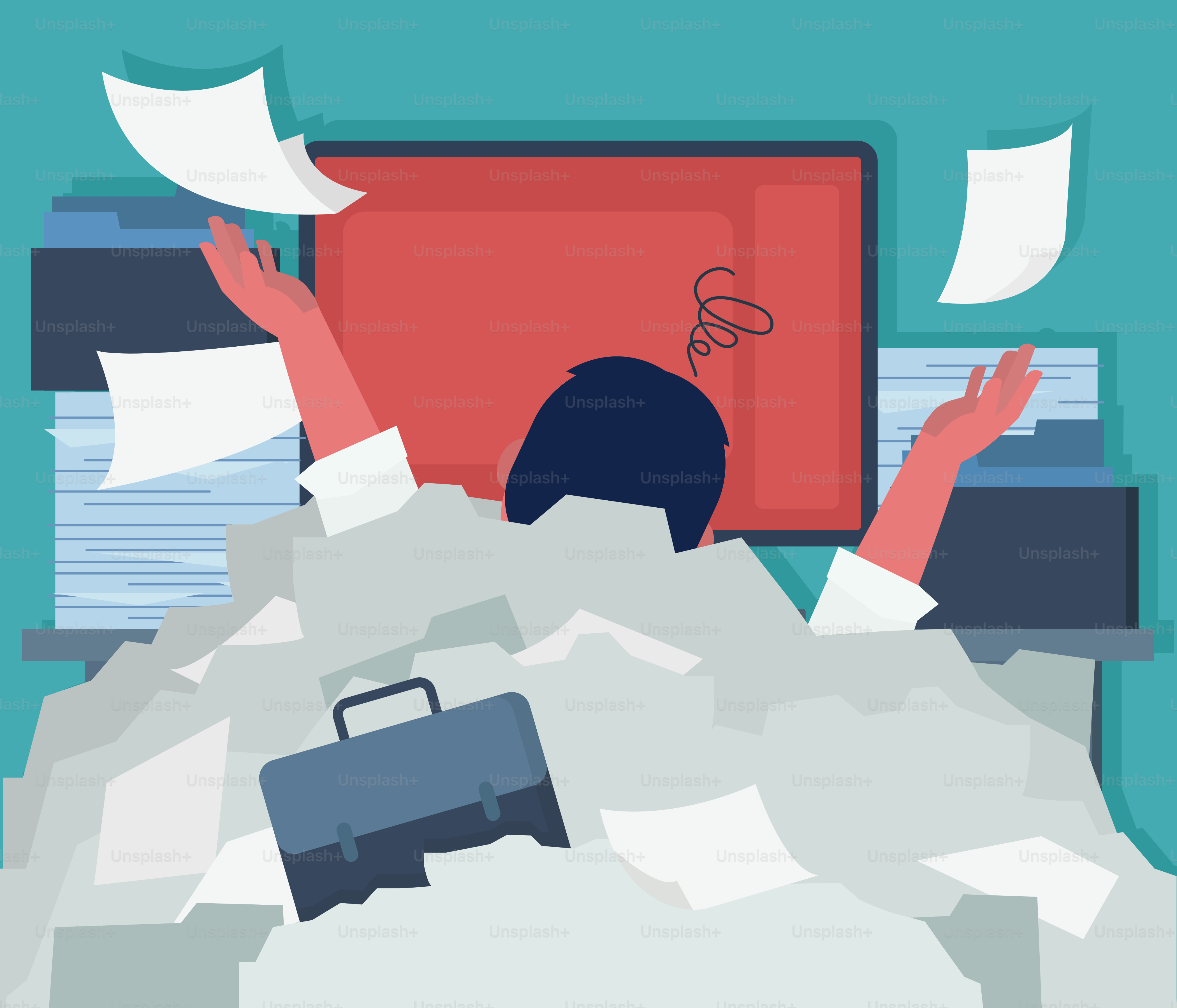 Overwhelmed with paperwork, drowning in the office.
