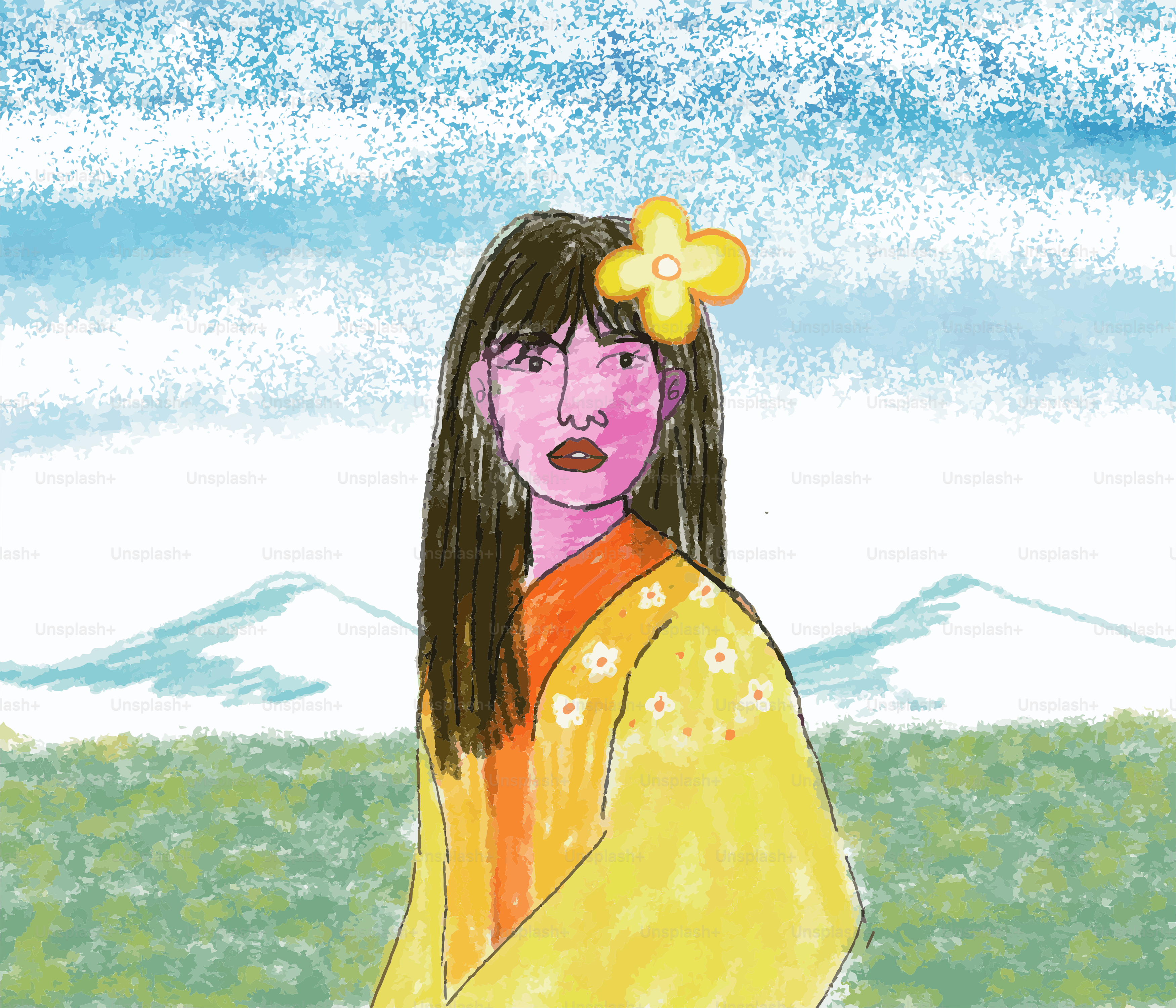 Eine Frau mit gelber Blume und Kimono.