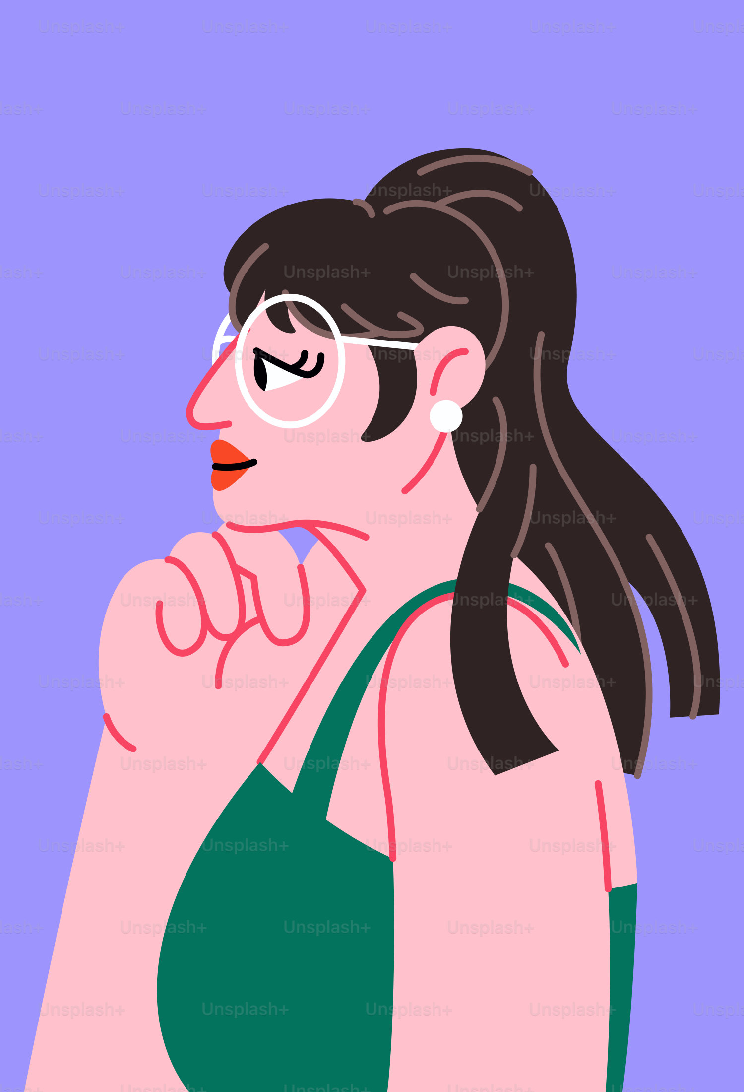 A woman with glasses and a ponytail looks away.