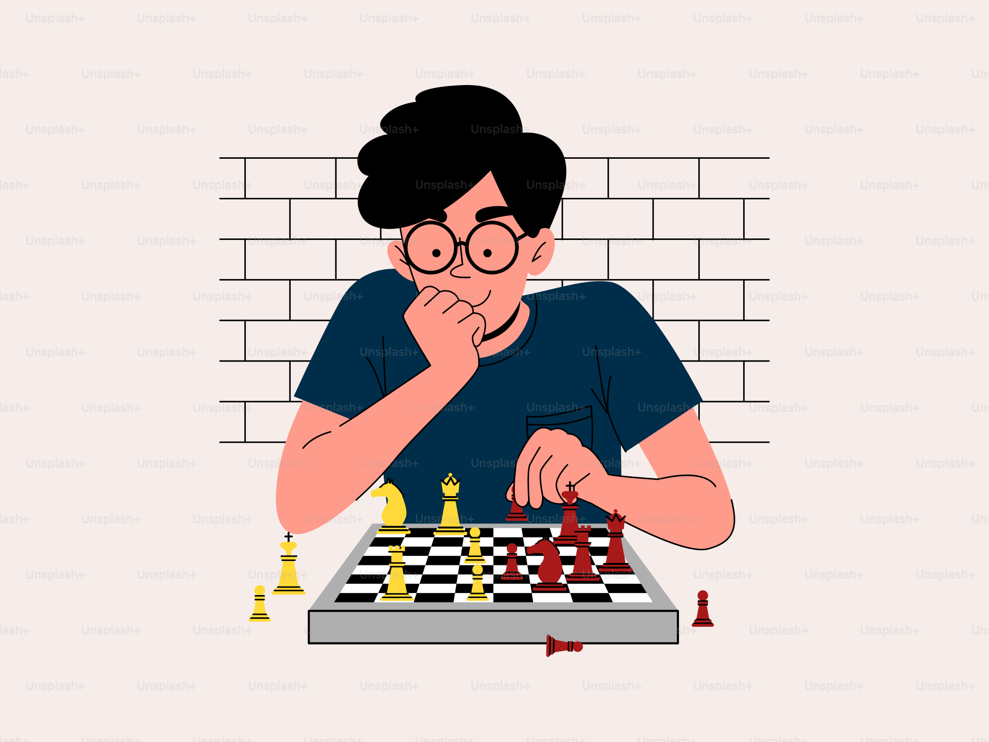 A young man is pondering his chess move.