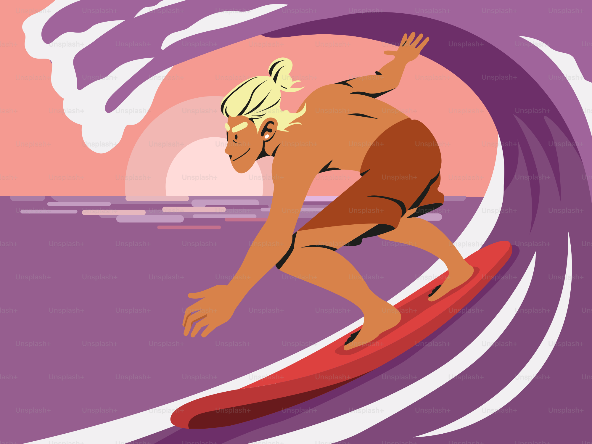 Ein Surfer reitet bei Sonnenuntergang auf einer Welle.