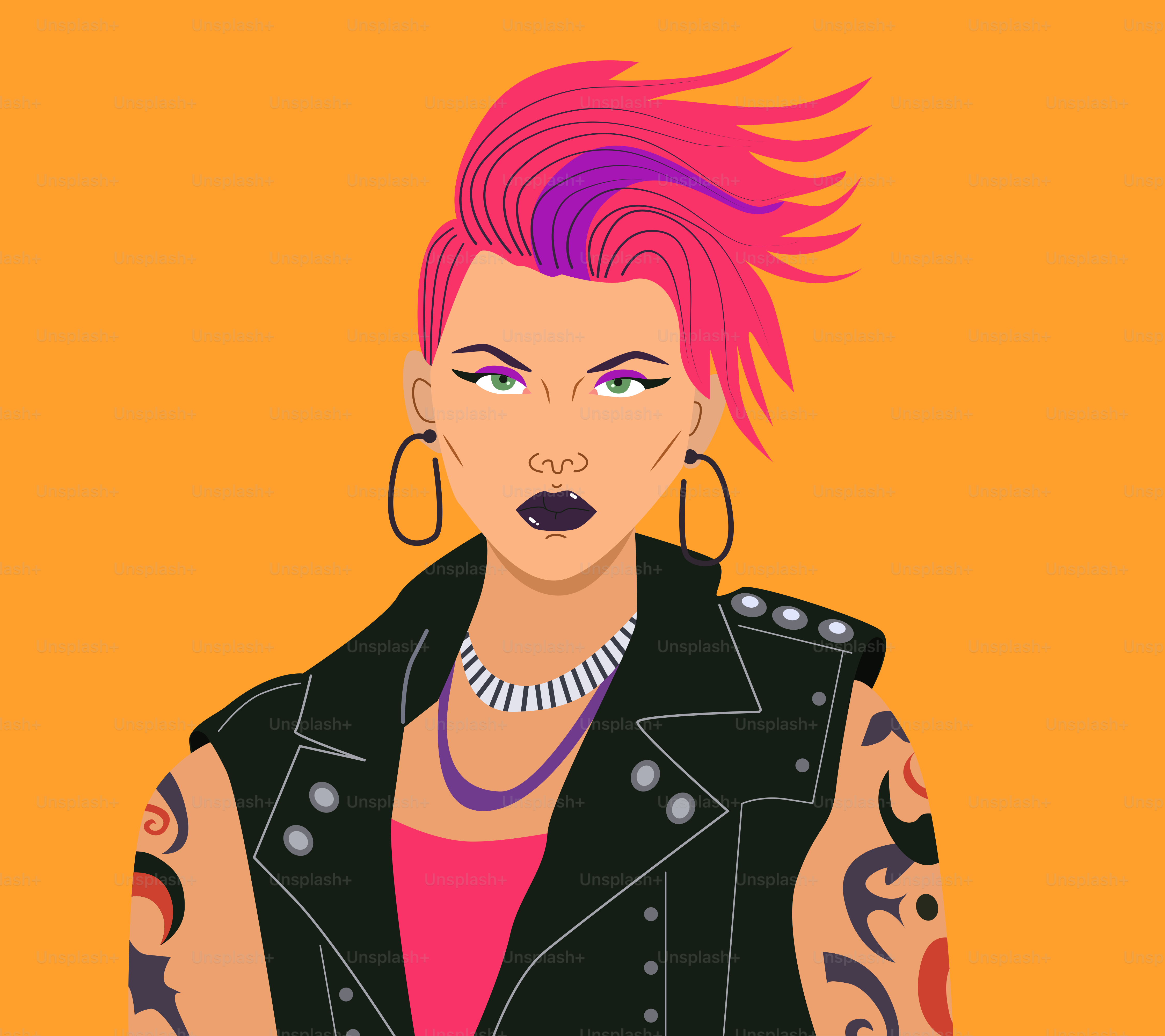 Seorang punk rocker dengan rambut merah muda dan tato.