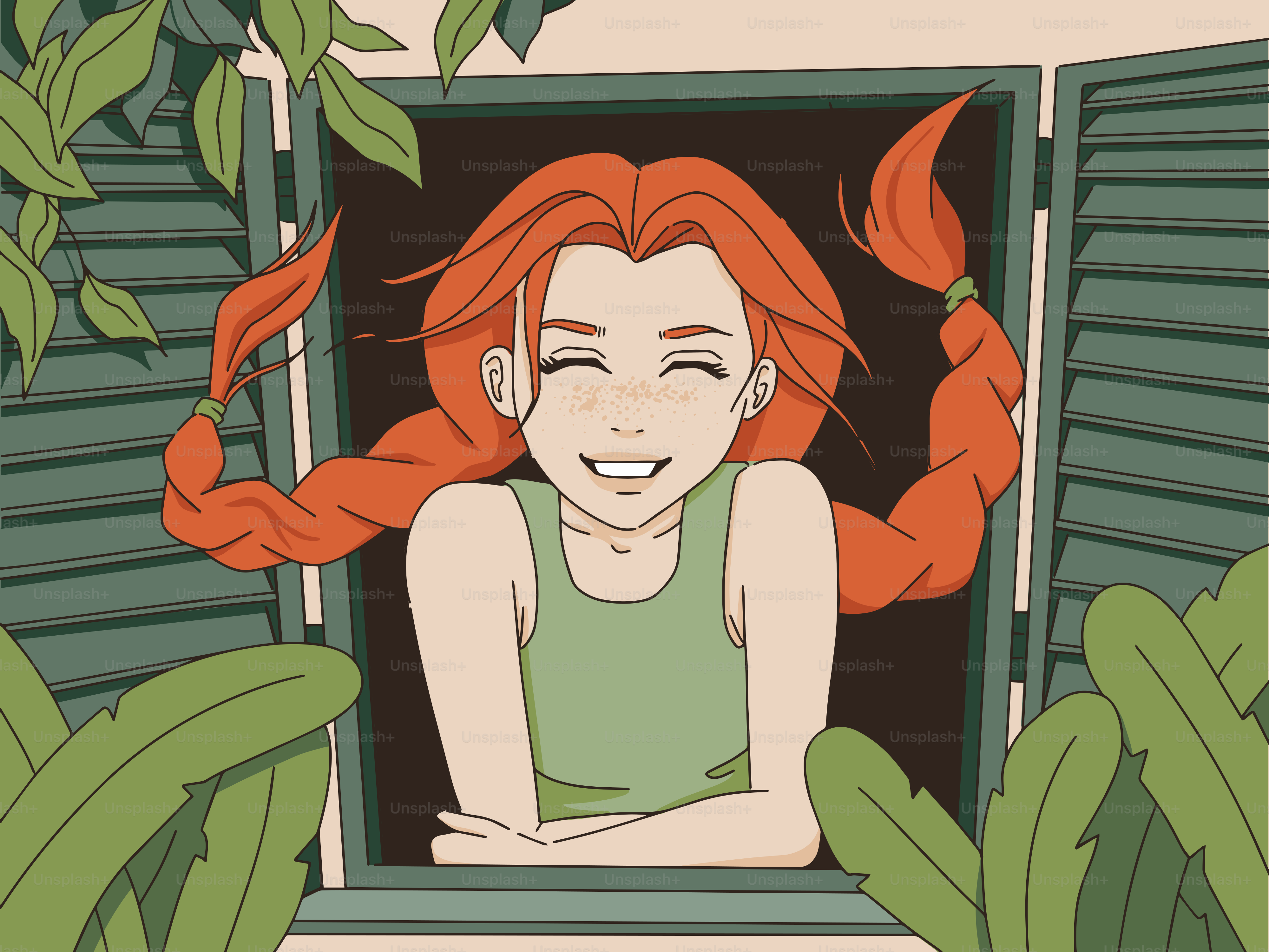 Smiling redhead looks out a window with braids.