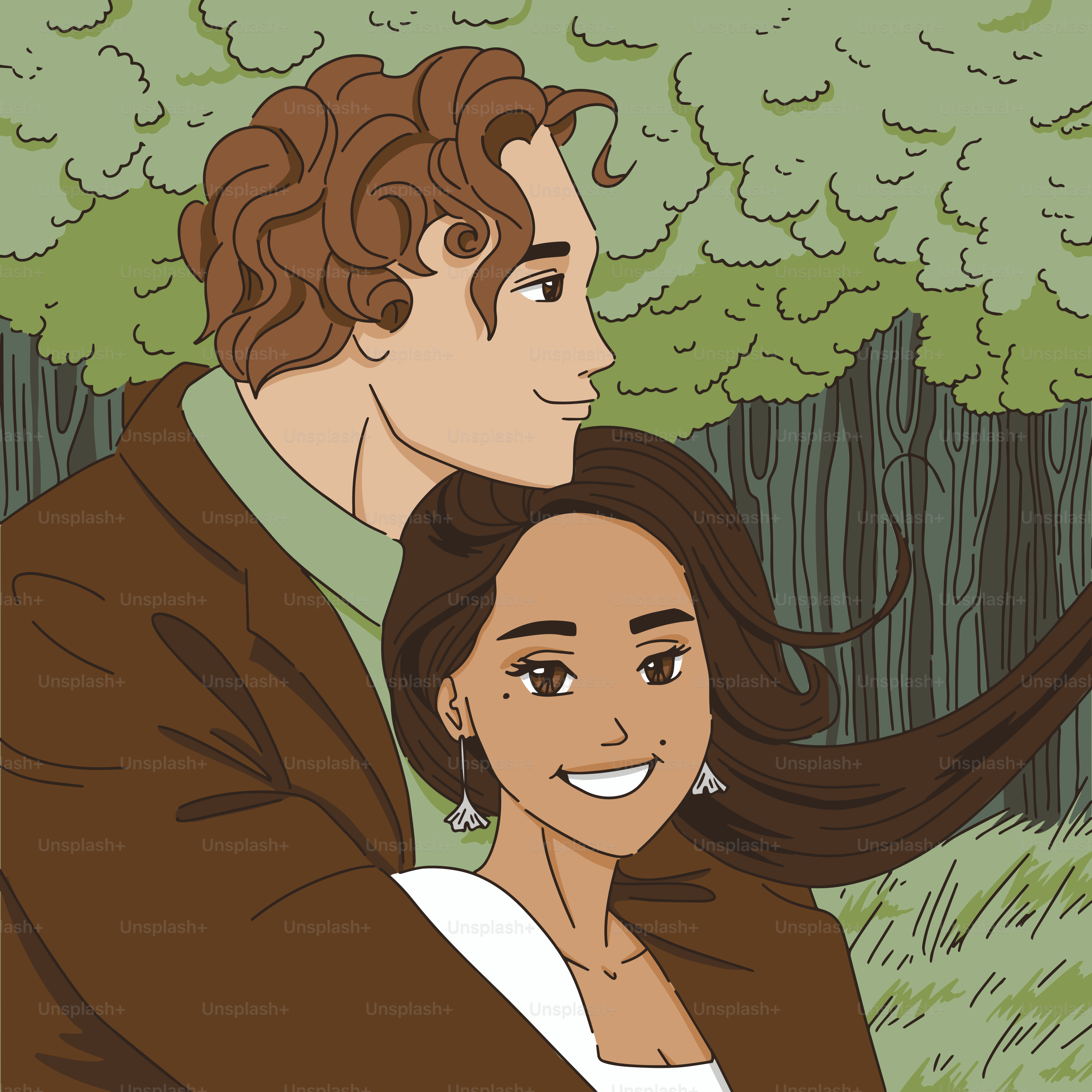 A couple embraces in a serene forest.