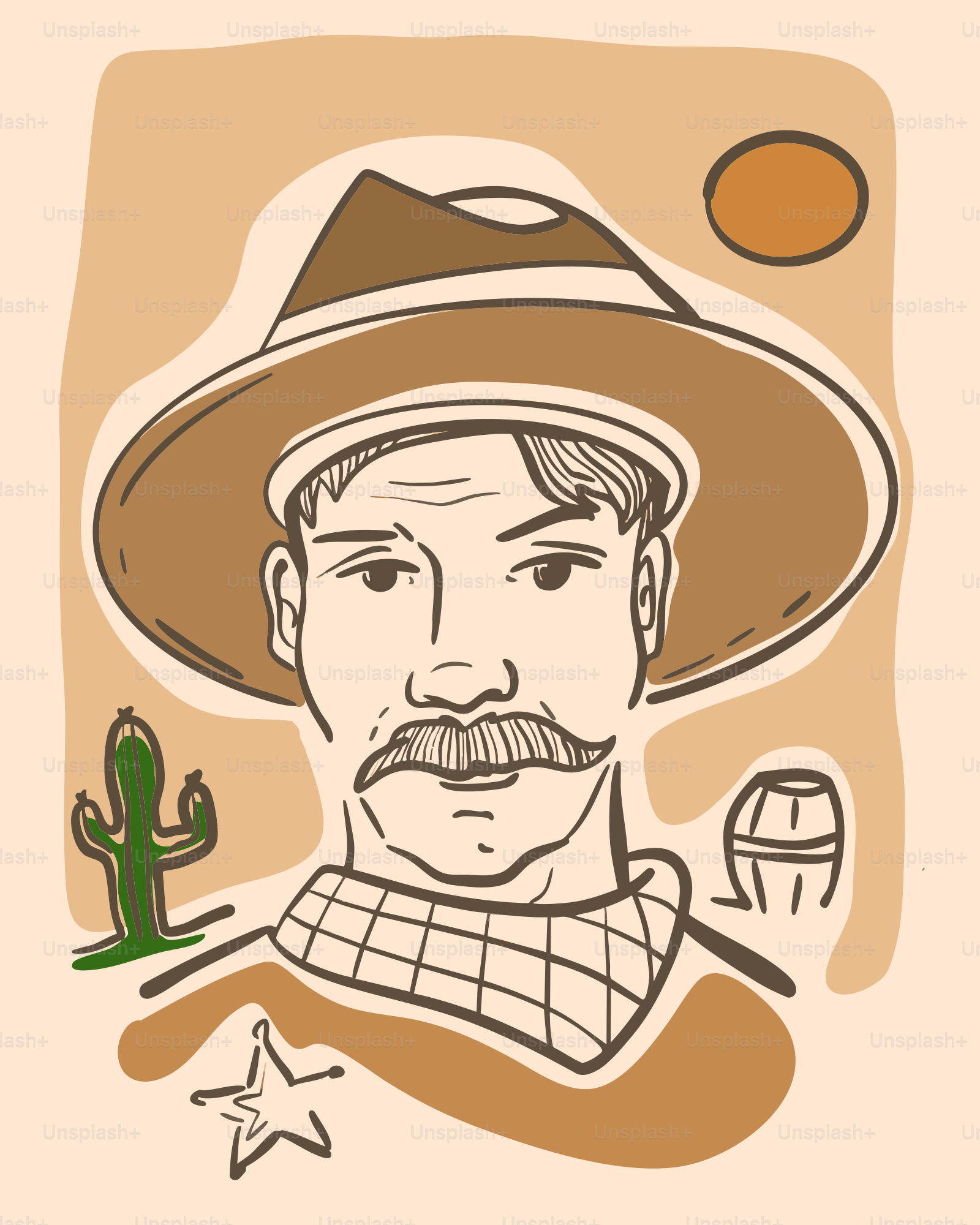 A cowboy's portrait with western symbols.