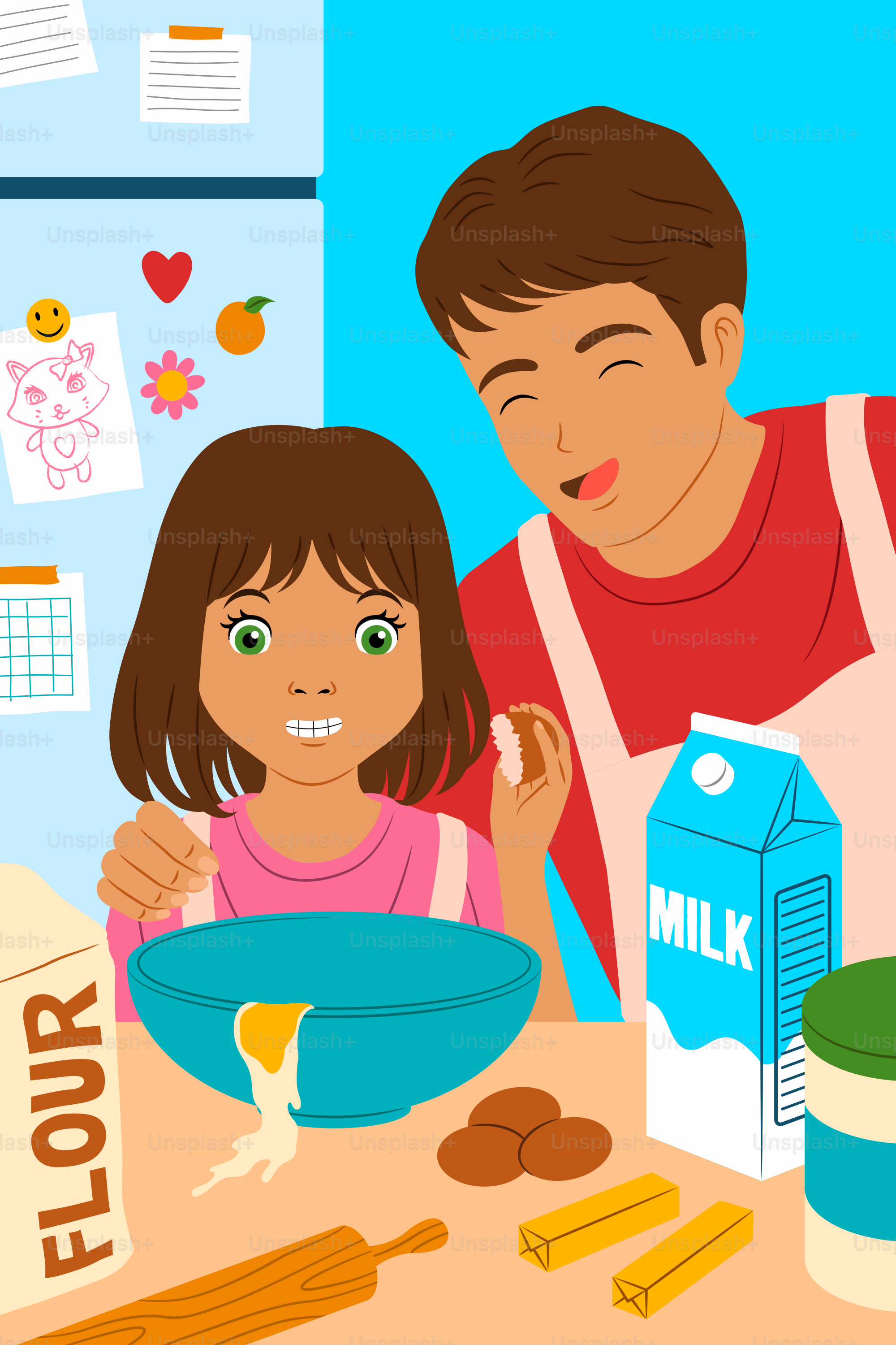 Padre e hija hornean juntos en la cocina.