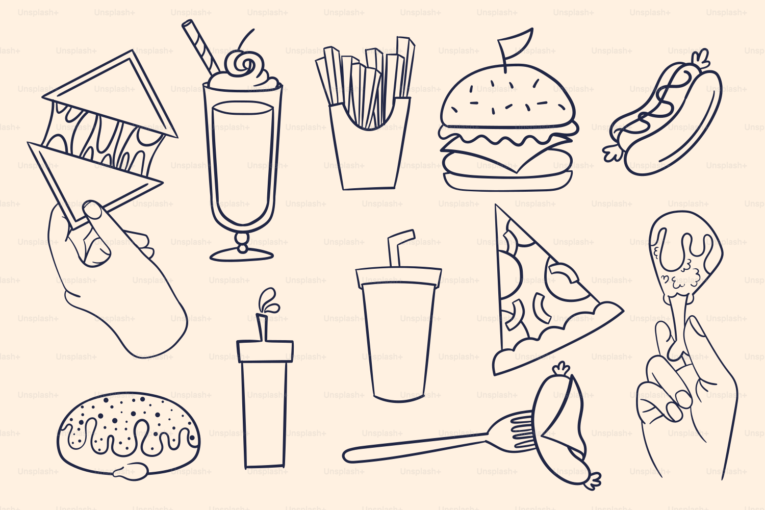 Aquí tienes algunas opciones: * productos de comida rápida ilustrados en formato esquema. * Productos de comida rápida dibujados: hamburguesa, patatas fritas, perritos calientes, etc. * Dibujos lineales de varios productos de comida rápida y bebida.