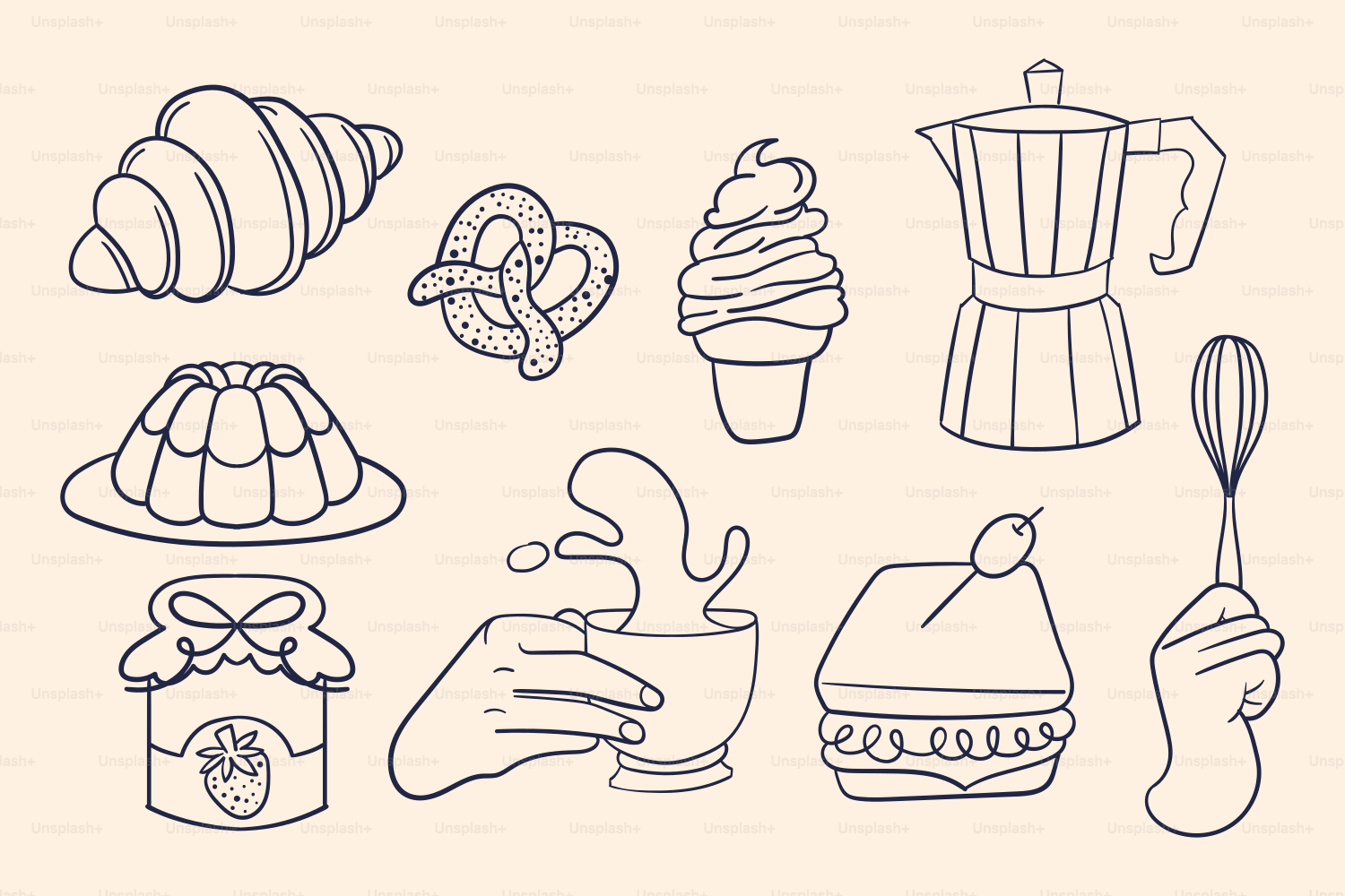 Divers aliments et boissons sont illustrés en contour noir.