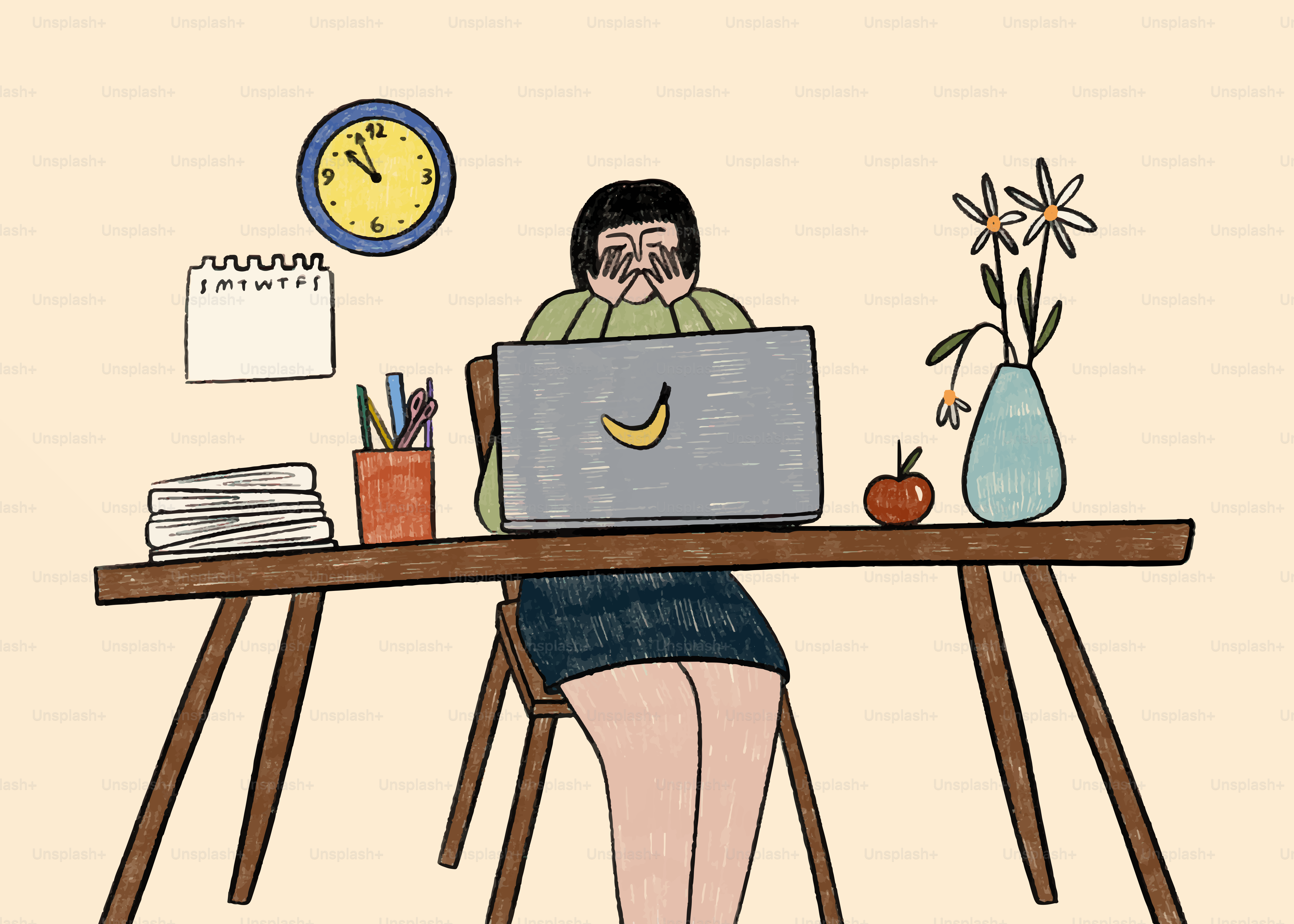 Woman looks exhausted while working from home.