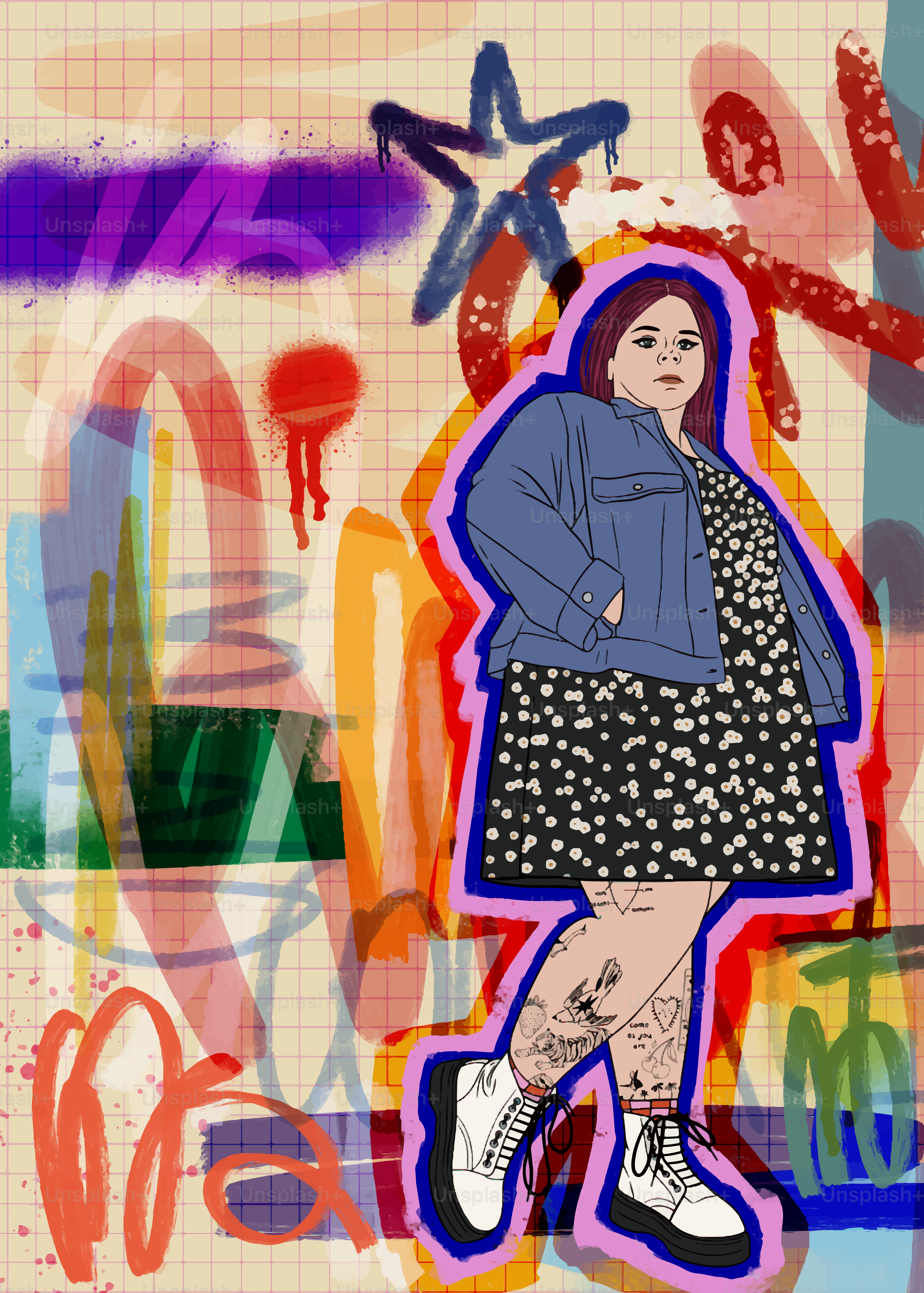 A woman stands, amidst colorful graffiti art.