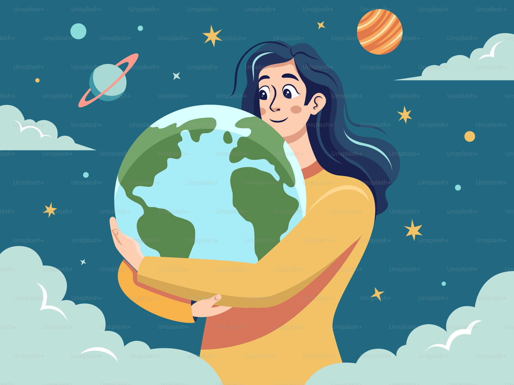 A woman lovingly embraces planet earth.