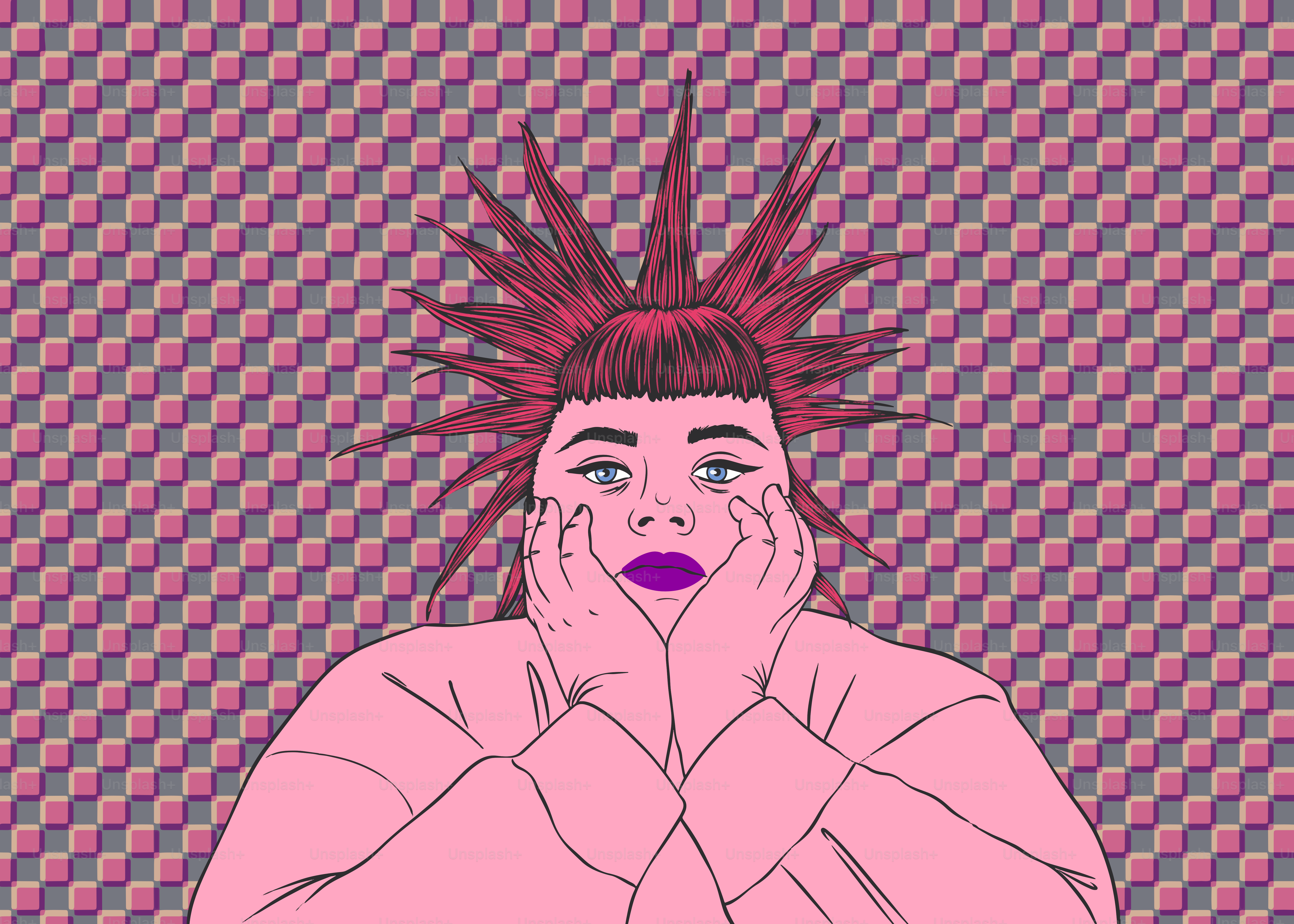 Personne aux cheveux roses semblant choquée sur fond à motifs.