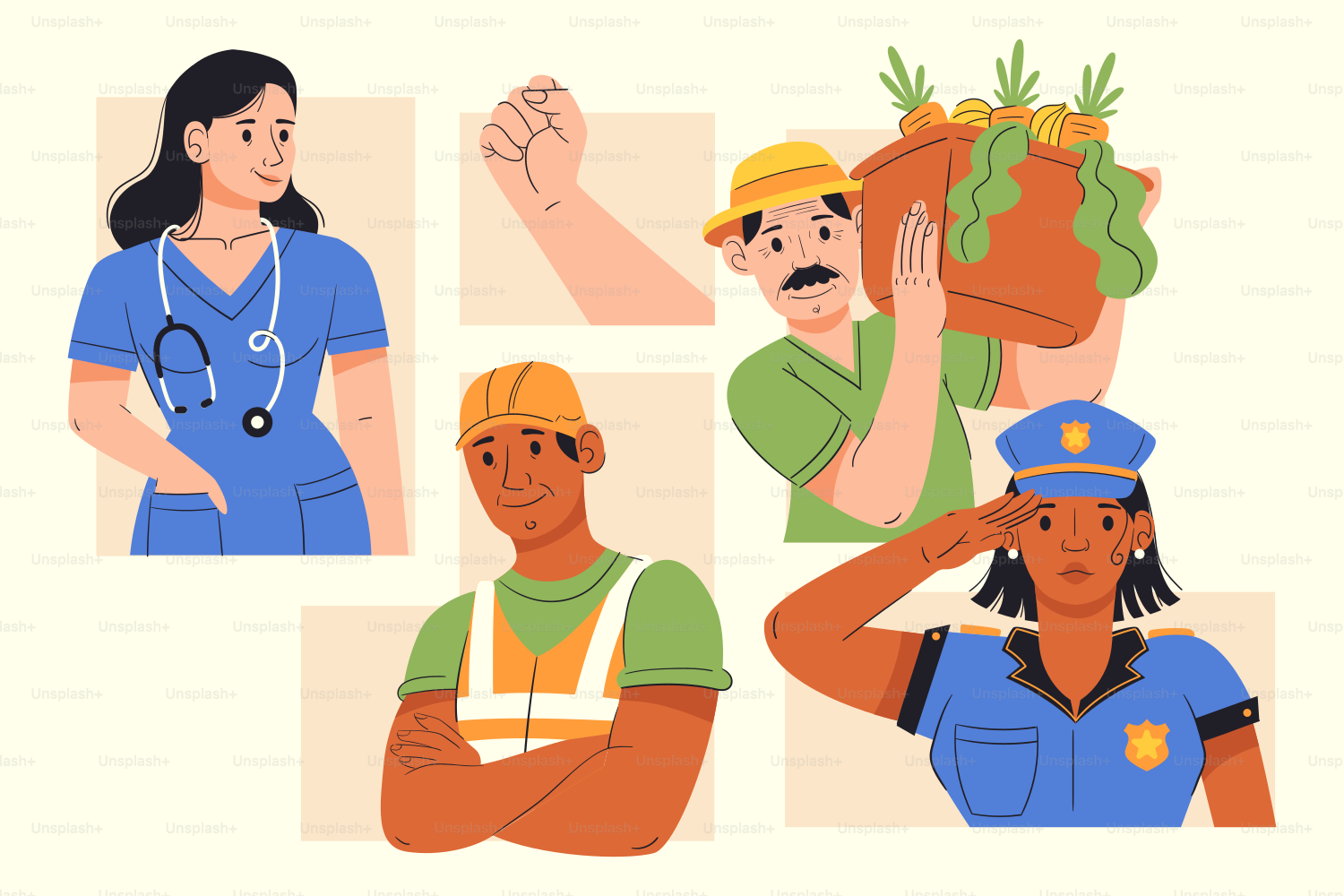 Différents travailleurs représentant différentes professions sont représentés.