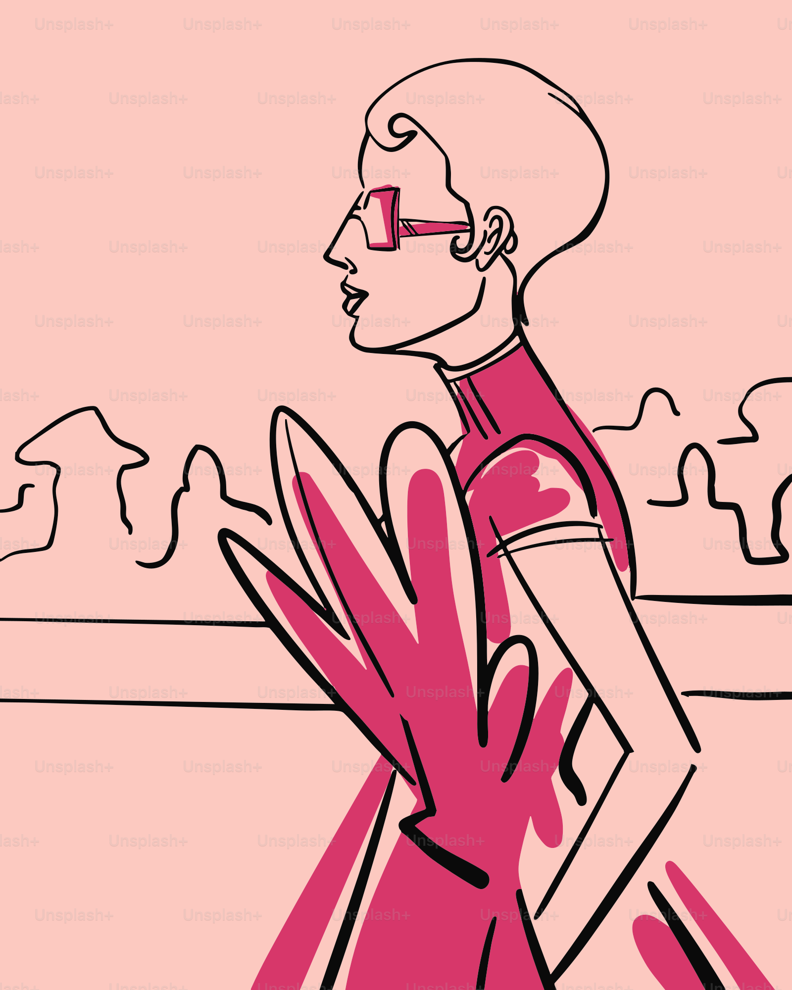 A woman wearing an artistic pink dress.