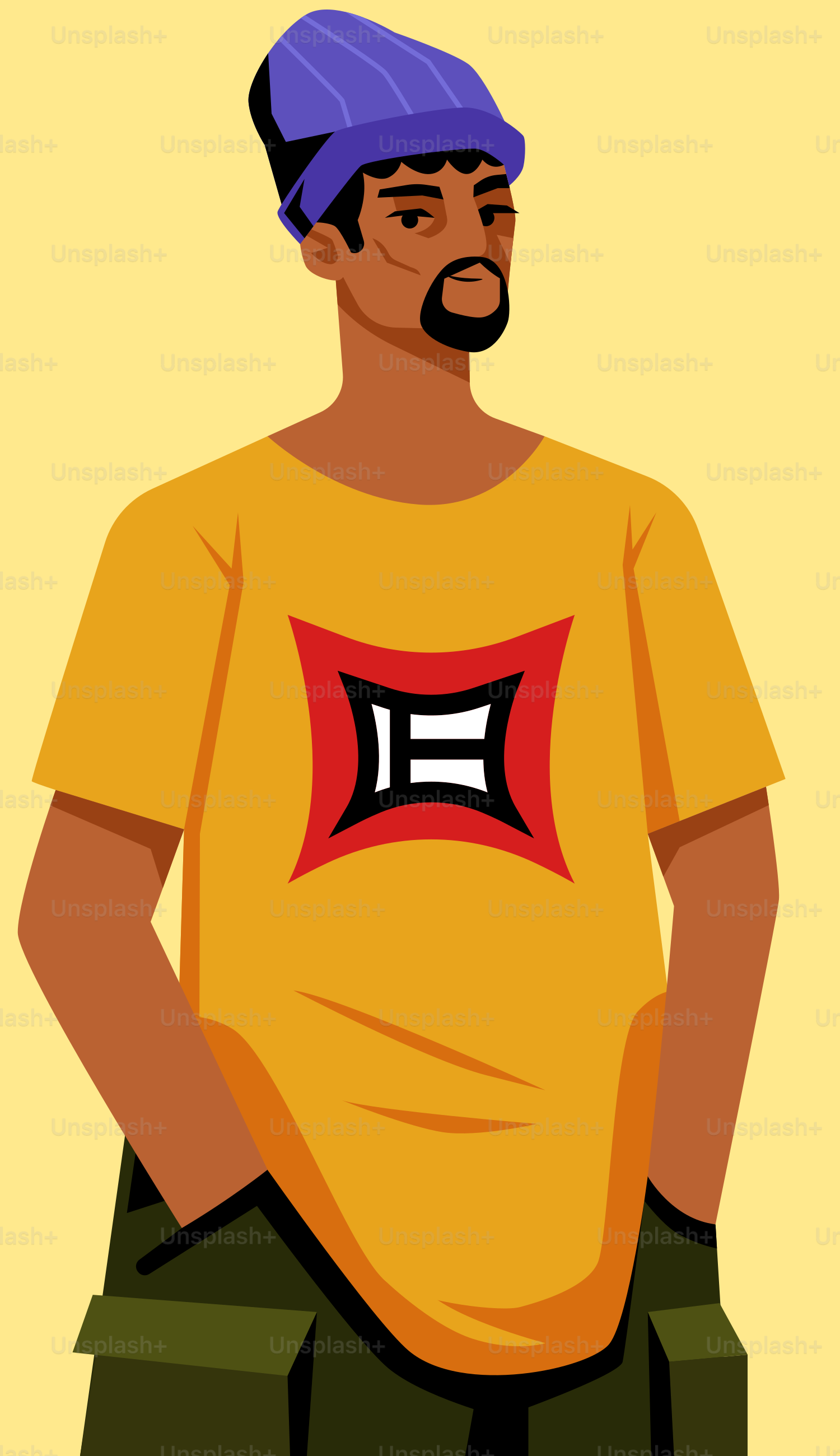 Seorang pria berpose mengenakan topi dan t-shirt.
