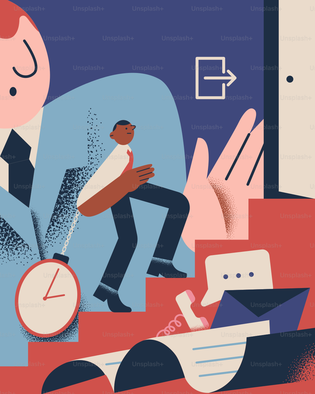 L’employé se précipite vers une sortie.