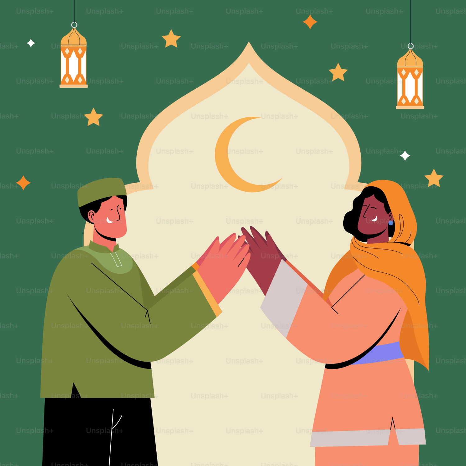 Muslims celebrate with hands raised together.