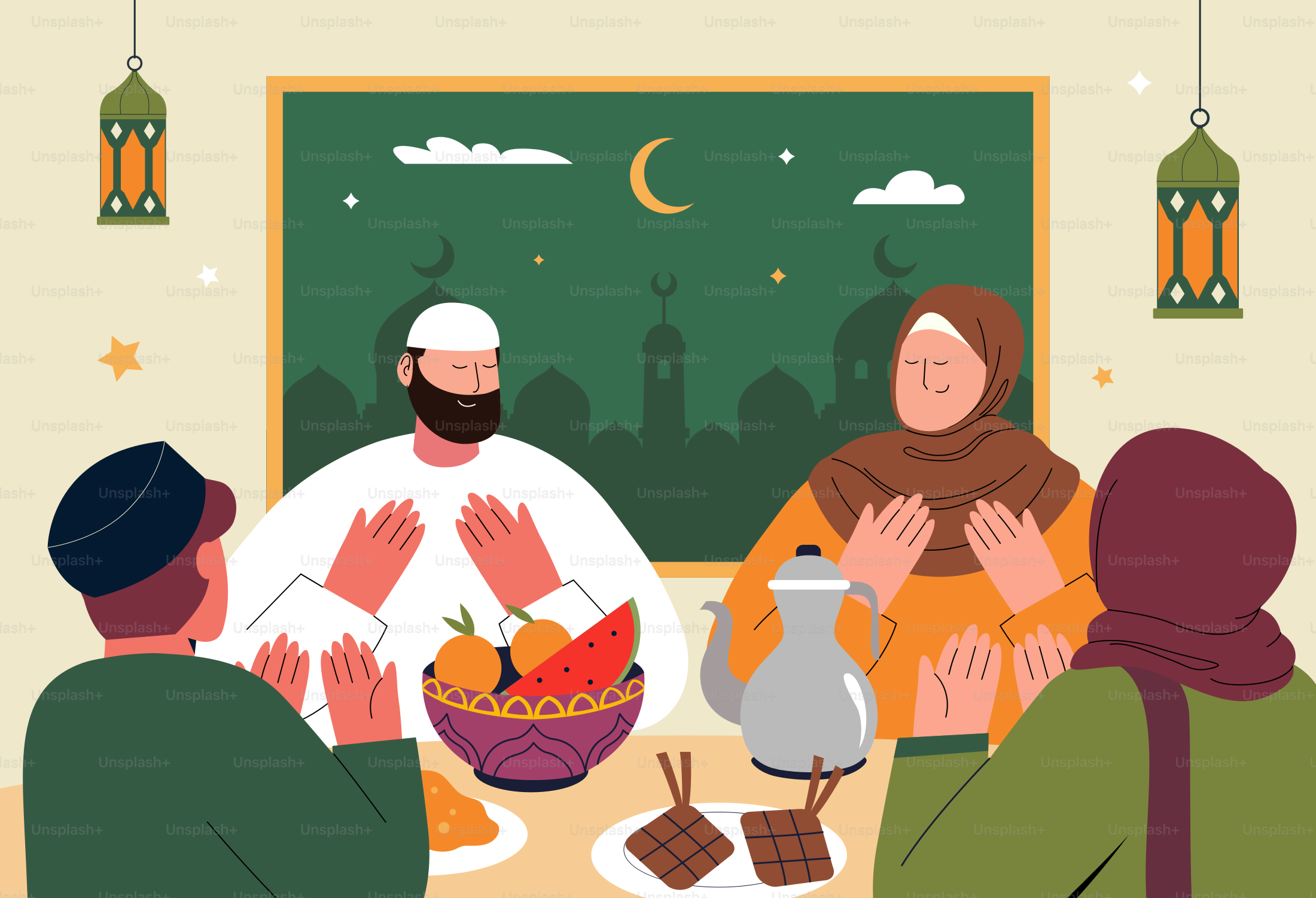 La familia musulmana reza junta durante el Ramadán.
