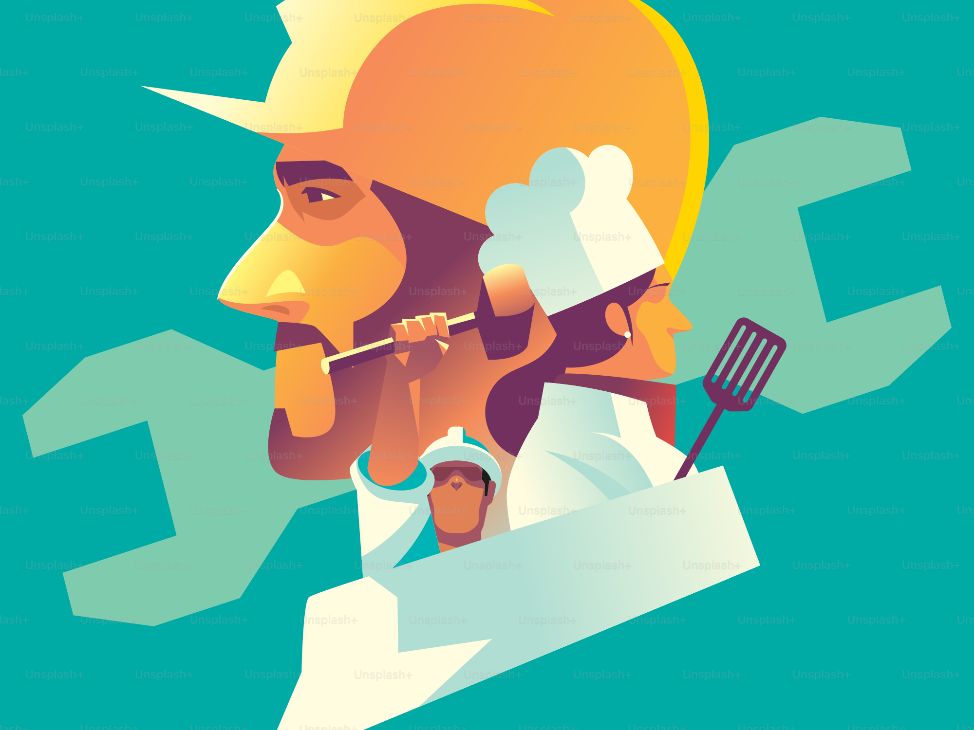 Several professions are represented with tools.