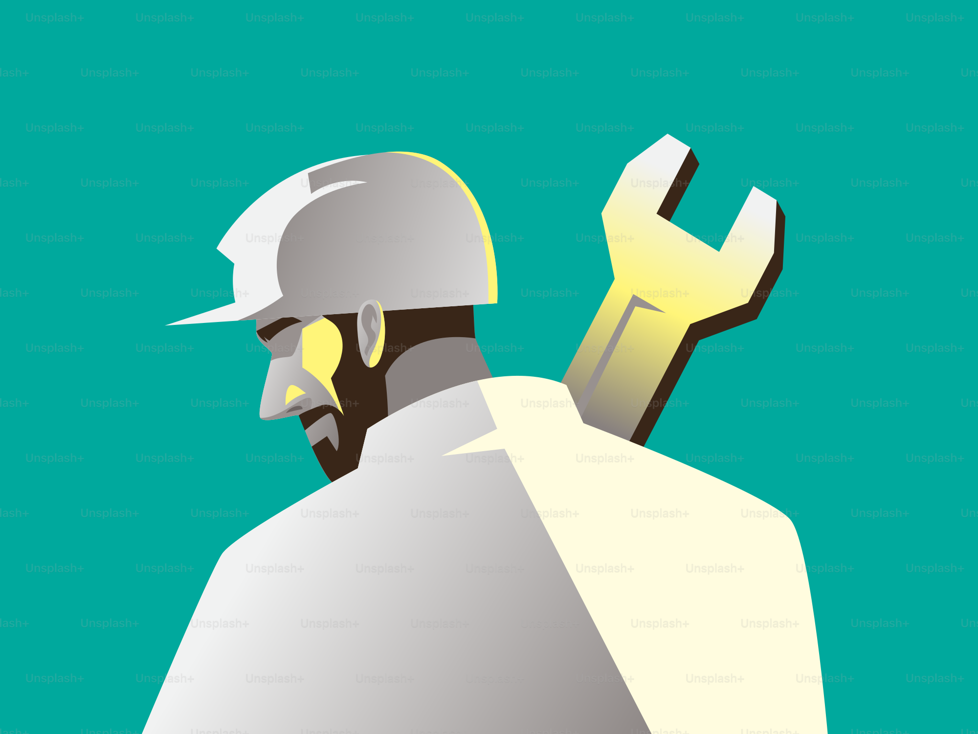 A construction worker carries a wrench.