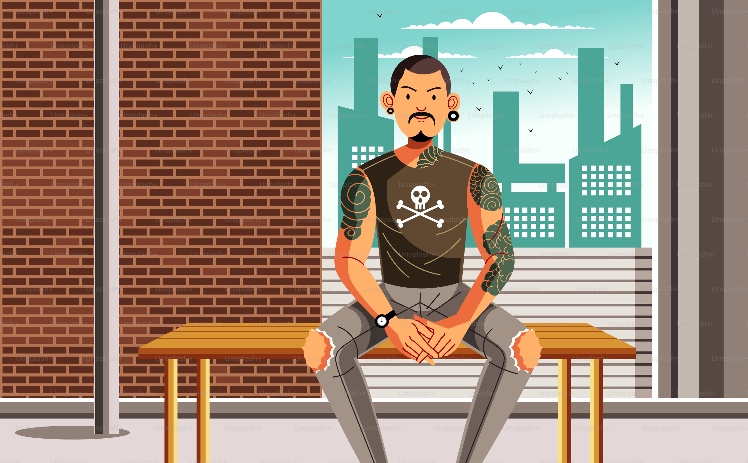 A man with tattoos sits outdoors.