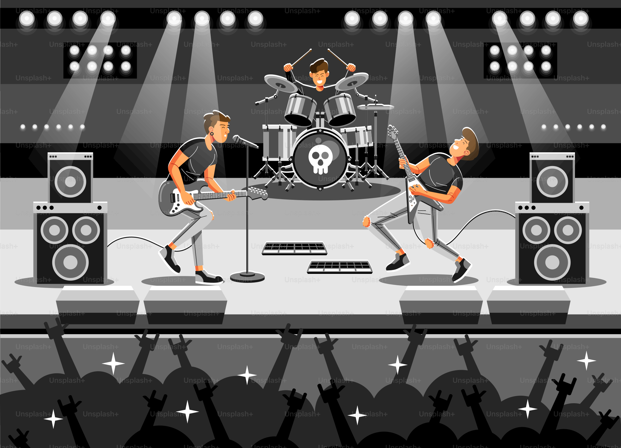 Una banda de rock toca en el escenario ante una multitud que vitorea.