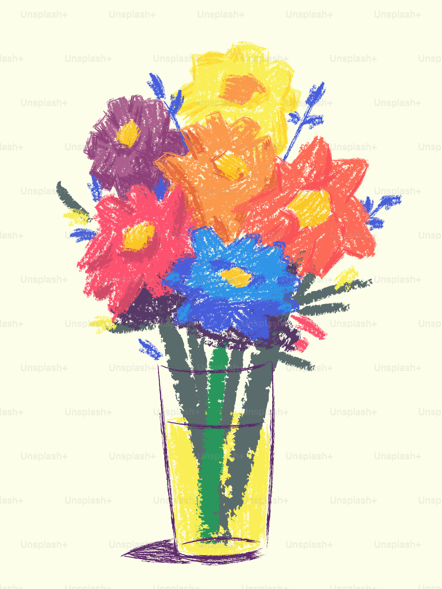 Des fleurs colorées et esquissées dans un vase en verre.